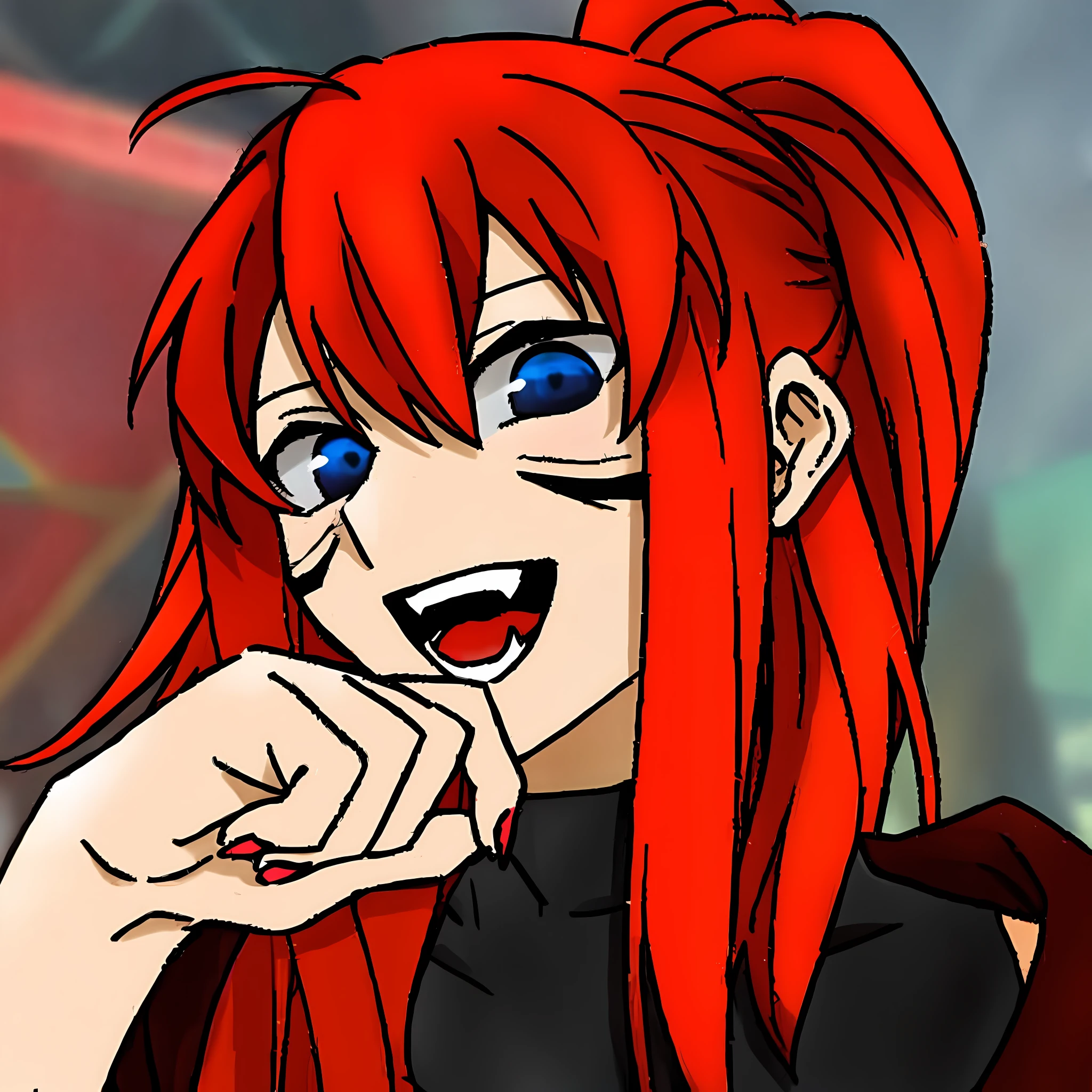 anime girl with red hair and blue eyes posing for a picture, rias gremory, erza scarlet as a real person, [[[[grinning evily]]]], she has red hair, crimson red hair and red eyes, grinning lasciviously, kda, she has long redorange hair, with long red hair, anime style”