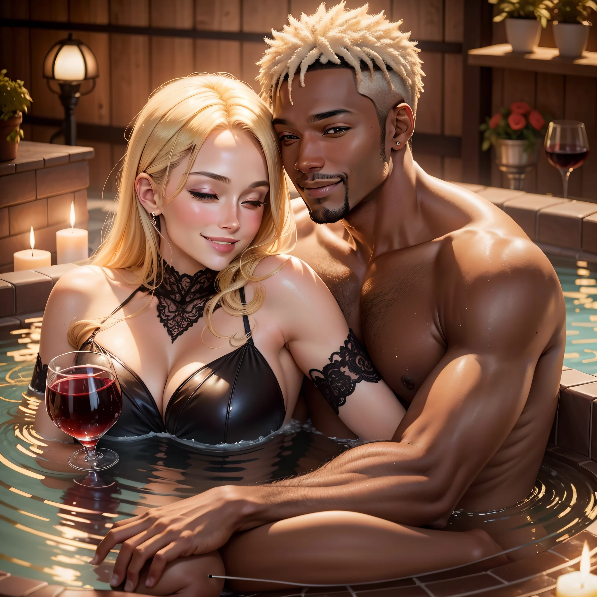 Perfect and happy beautiful couple, with romantic atmosphere, enjoying a moment of relaxation in the hot tub. The stunning blonde woman while the charming gorgeous black man smiles softly and takes a glass of red wine