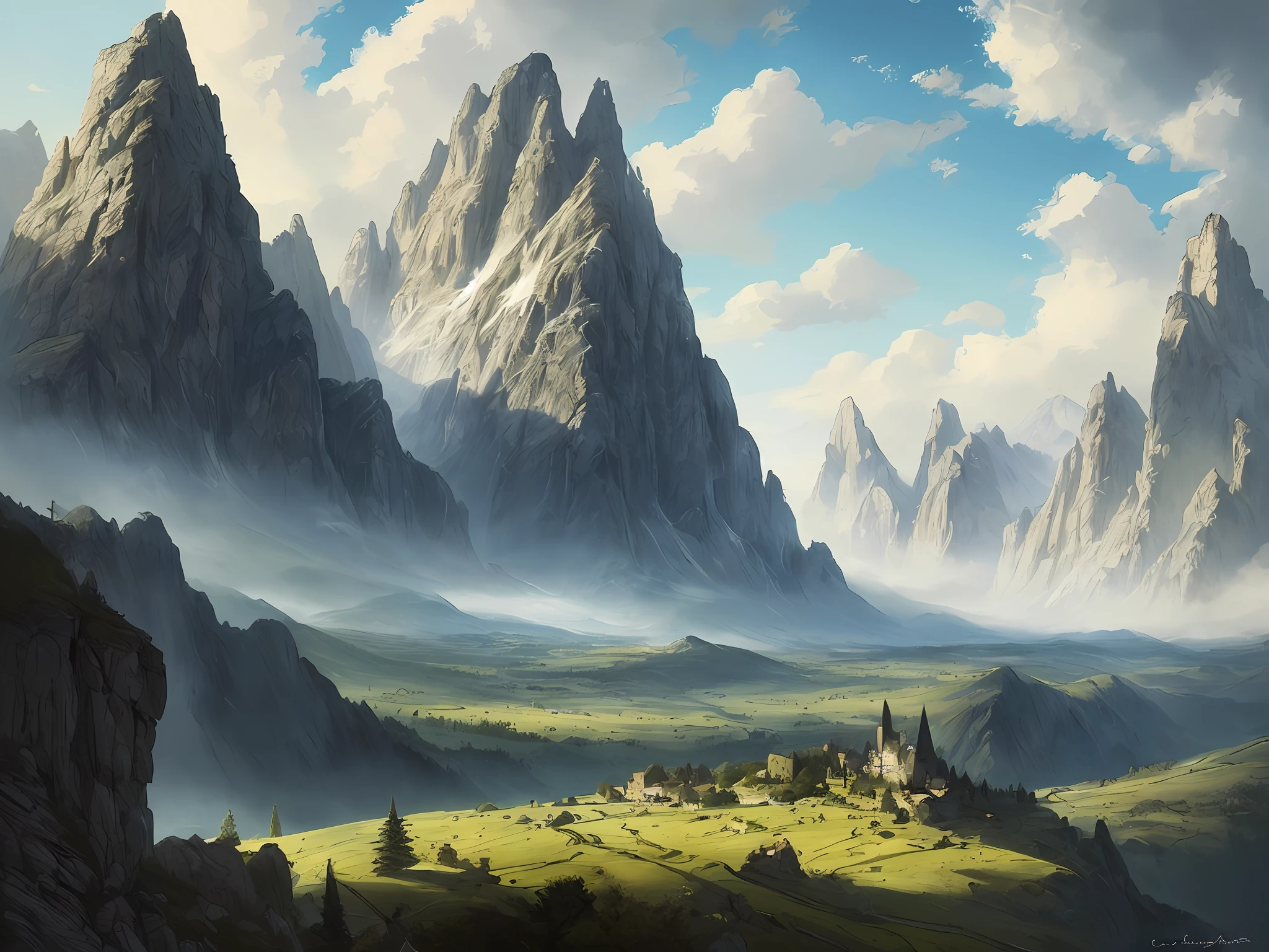 (masterpiece, best quality, breathtaking artwork by Cedric Peyravernay, inspired by les nabis style), majestic mountain, natural scenery, vast landscape, scenic beauty.