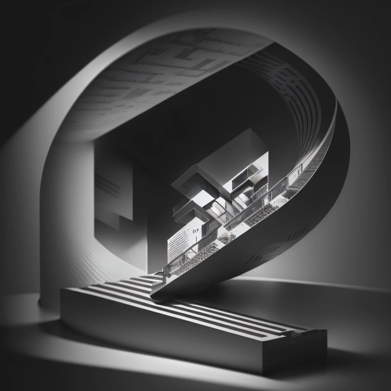 Black and white photograph of a staircase with bench, architectural rendering", architectural rendering, inspired by Ned M. Seidler, architectural concept, zaha haded octane height rendering, artistic rendering, architectural visualization, architectural rendering, photographic rendering, architectural concept, architectural lens, zaha hadid style, hand-drawn style without light and shadow, irrational graphics, simple graphics, contradictory space, möbius