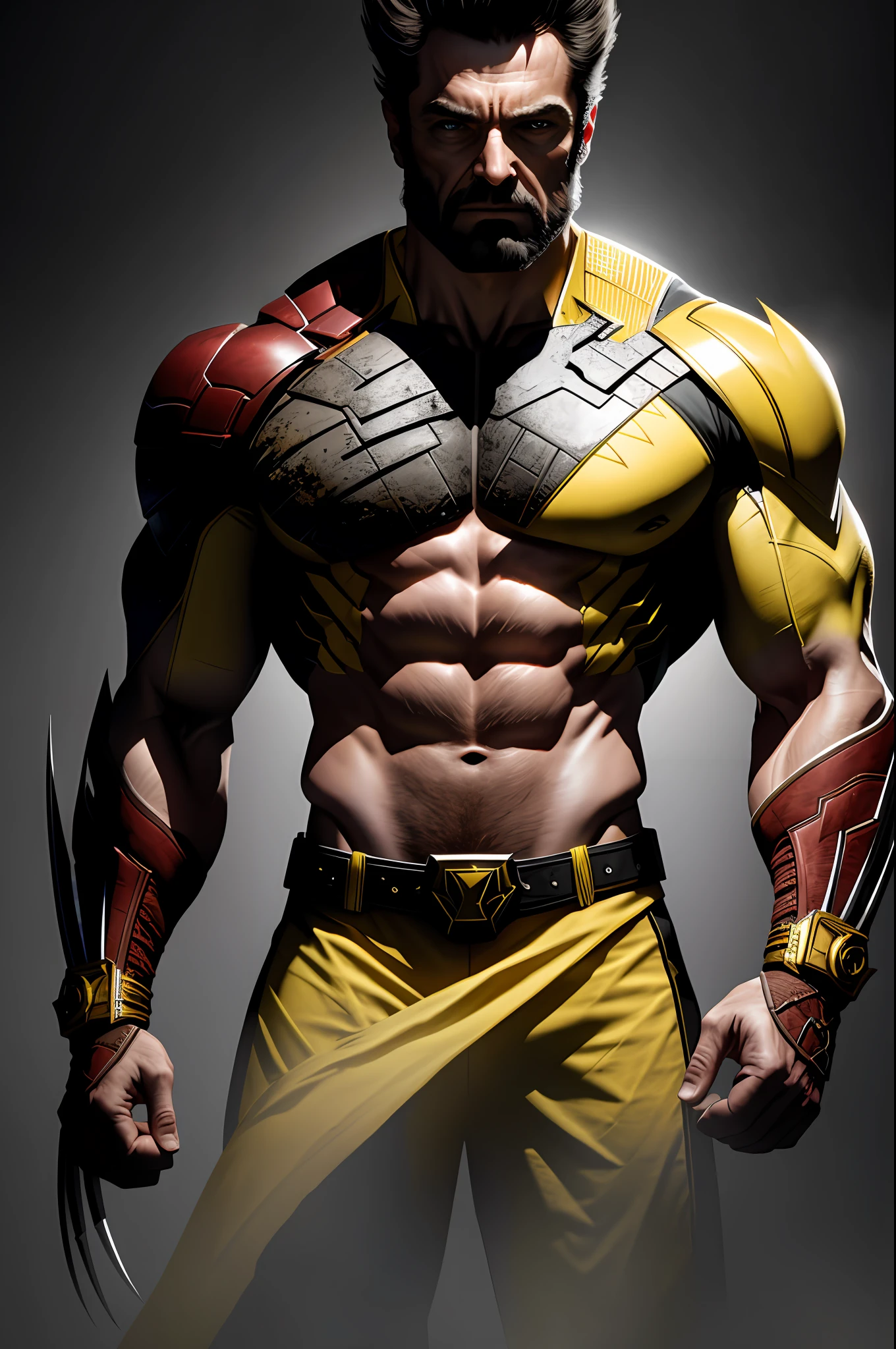 (8k, RAW photo, best quality, masterpiece: 1.2), ultra detailed, authorial art, photo-realistic: 1.37, upper body shot, ((original black and dirty yellow uniform: 1.2)), 3 perfect claws,model, marvel Wolverine, film grain, action pose, a perfect face, 50 years, intricate details, diffused light, by Marvel