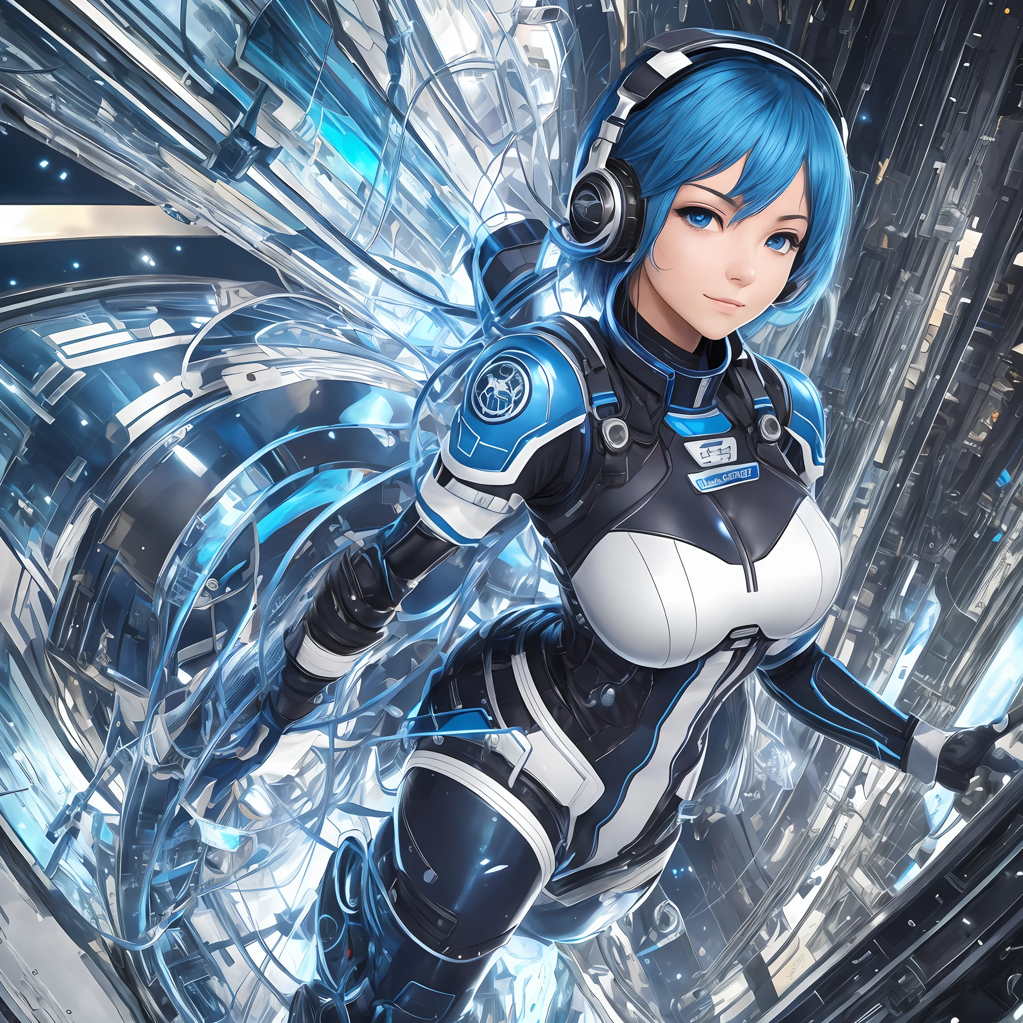 full body, blue hair, masterpiece, best quality, official art, album art, very elaborate cg Unity 8K wallpaper, solo girl, Japan girl, full body, super high resolution, dynamic angle, dynamic pose, short hair, sparkly blue color eyes, pilot suit in white and blue and black colors, tight fit clothes, full body covering clothes, knee boots, watch viewer, frontal, beauty , medium breasts, shirt lift, metal wire, slim body, arm-length gloves, gentle smile, headset, detailed cockpit --auto --s2