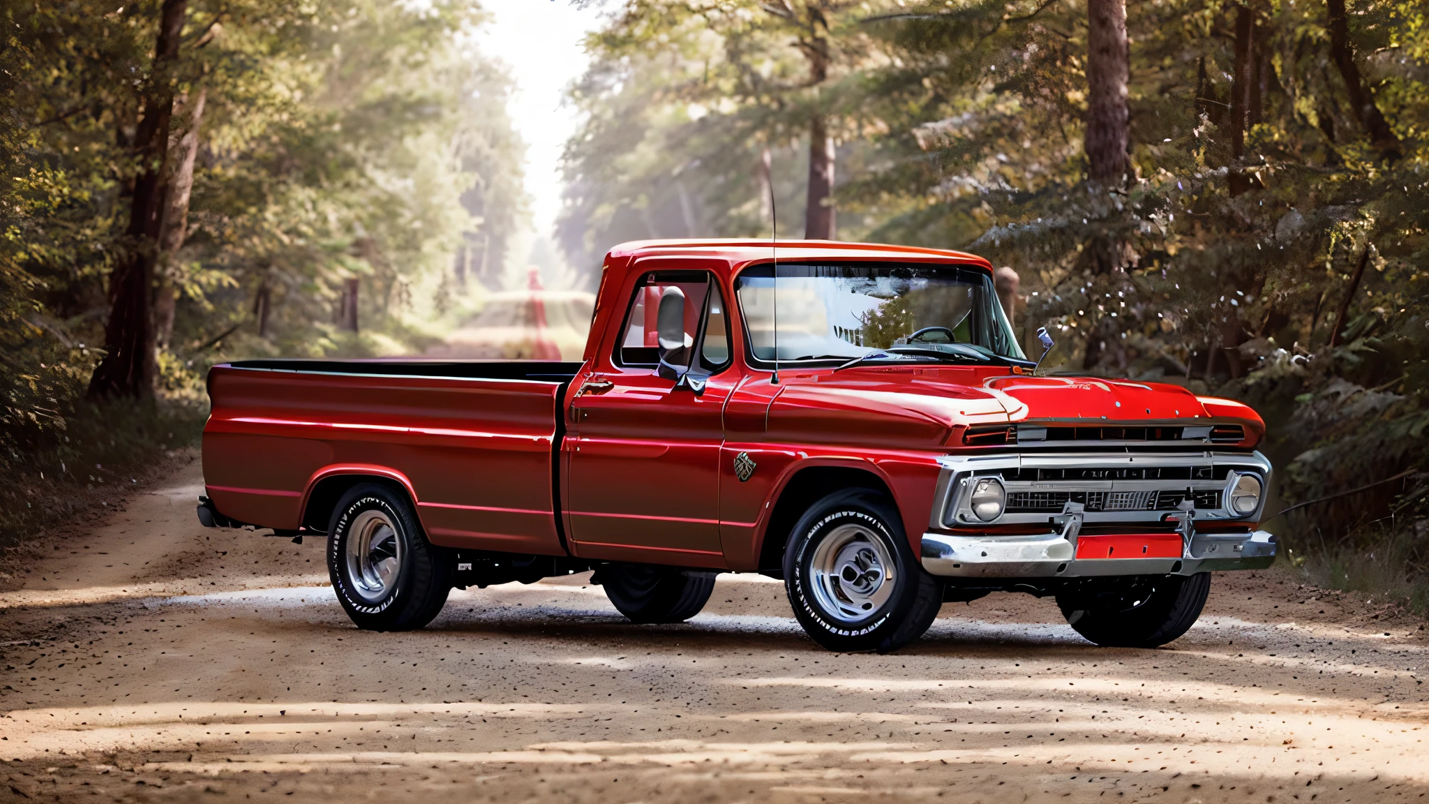 there is a red truck driving down the road in the woods, greg rutkowski - c 1 0, vibrant - c 10, insanely detailed c 10.0, 1961”, c 10.0, 1 9 6 5 lightning, vintage - w 1 0 2 4, 2 0 5 6, classic cars, pristine and clean, truck