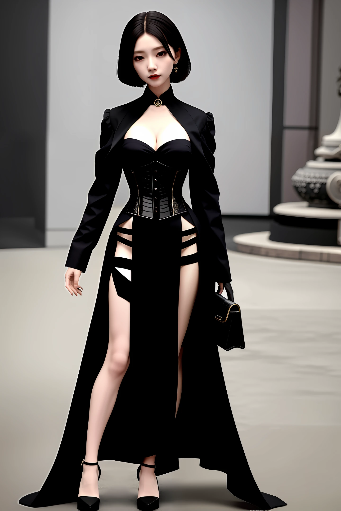 there is a woman in a corset posing for a picture, a statue inspired by Sim Sa-jeong, tumblr, renaissance, cruel korean goth girl, very y outfit, sexook, gorgeous young korean woman, sexy oit, young beautiful amouranth, revealing outfit, korean idol, beautiful south korean woman, korean girl, full body xianxia, tall thin beautiful goddess