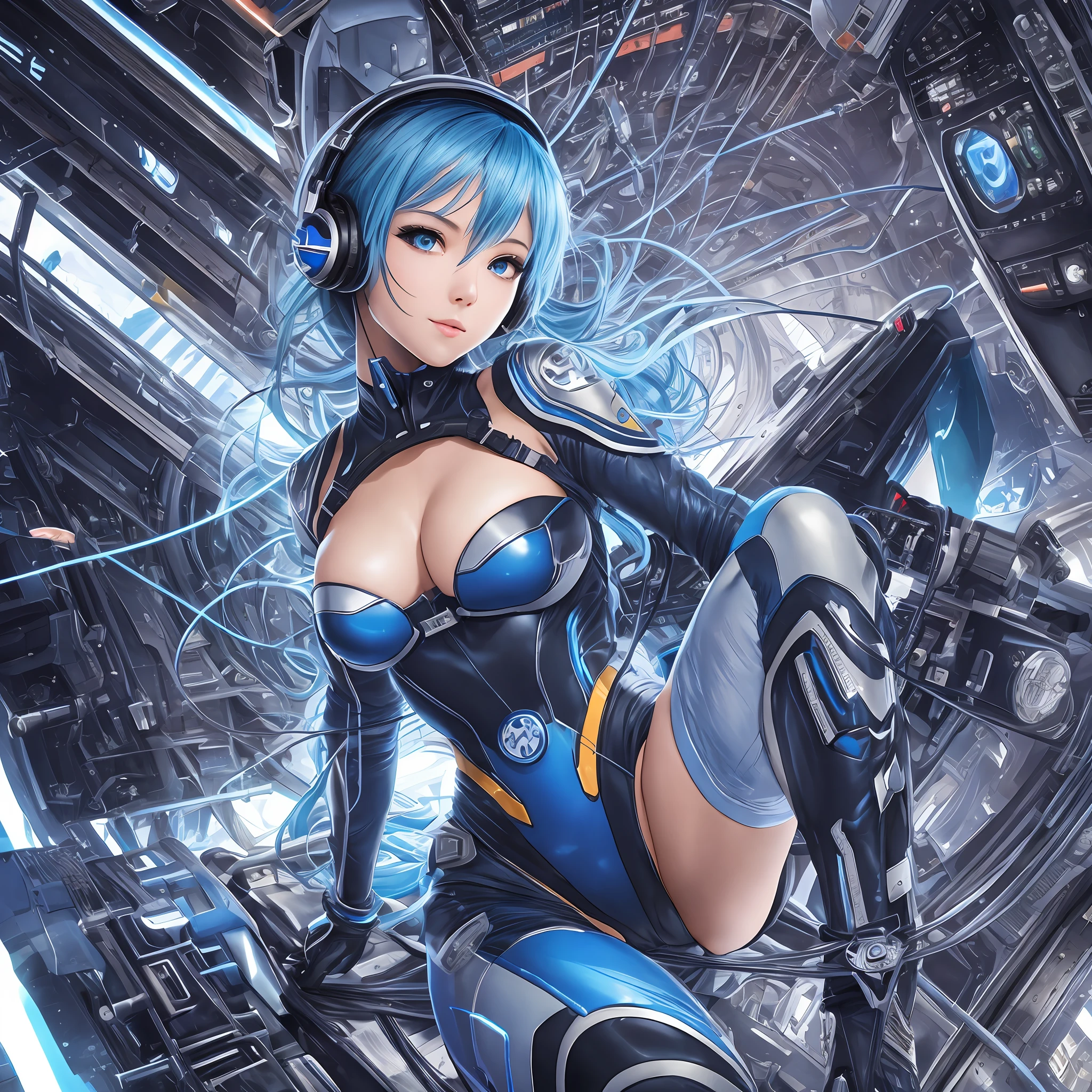 full body, blue hair, masterpiece, best quality, official art, album art, very elaborate cg Unity 8K wallpaper, solo girl, Japan girl, full body, super high resolution, dynamic angle, dynamic pose, short hair, sparkly blue color eyes, pilot suit in white and blue and black colors, tight fit clothes, full body covering clothes, knee boots, watch viewer, frontal, beauty , medium , shirt lift, metal wire, slim body, arm-length gloves, gentle smile, headset, detailed cockpituto --s2