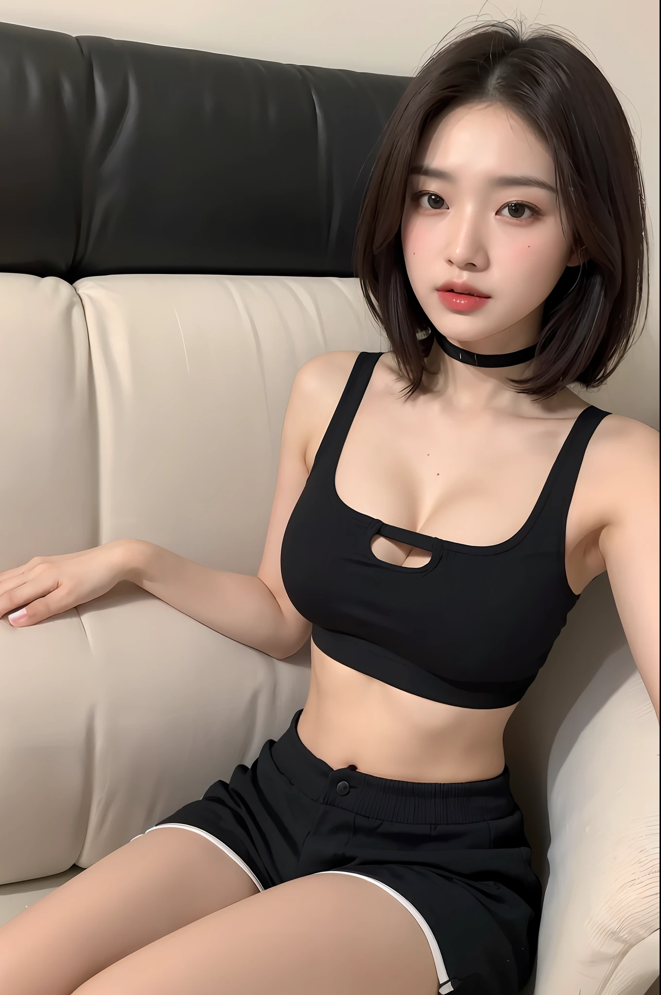 ((Best Quality, 8K, Masterpiece: 1.3)), Focus: 1.2, (Movie Filter 1.3) Perfect Body Beauty: 1.4, Buttocks: 1.2, (Layered Haircut: 1.2)), , (Sitting on the Sofa: 1.3), Realistic Face and Skin Texture, Full Body, Fine Eyes, Double Eyelids, Long Hair, (Round Face: 1.5), (Black Crop Top, Shorts: 1.6), cleavage,