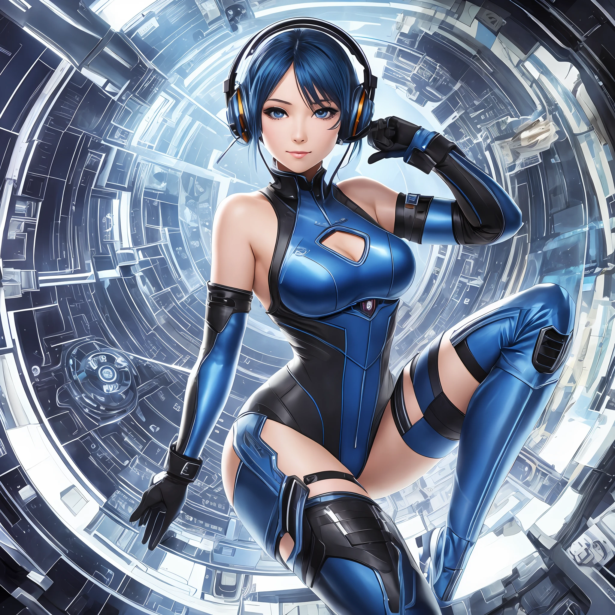 full body, blue hair, masterpiece, best quality, official art, album art, very elaborate cg Unity 8K wallpaper, solo girl, Japan girl, full body, super high resolution, dynamic angle, dynamic pose, short hair, sparkly blue color eyes, pilot suit in white and blue and black colors, tight fit clothes, full body covering clothes, knee boots, watch viewer, frontal, beauty , medium breasts, shirt lift, metal wire, slim body, arm-length gloves, gentle smile, headset, detailed cockpit --auto --s2