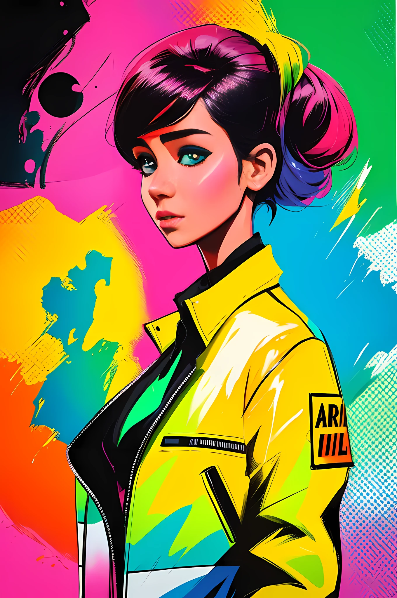 arafed image of a woman with a colorful shirt and jacket, a pop art painting inspired by Ilya Kuvshinov, trending on cgsociety, digital art, vibrant fan art, colourful movie art, style digital painting, colorful digital painting, digital art style, digital art. colorful comic, digital art!!, photoshop art, in style of digital painting --auto --s2