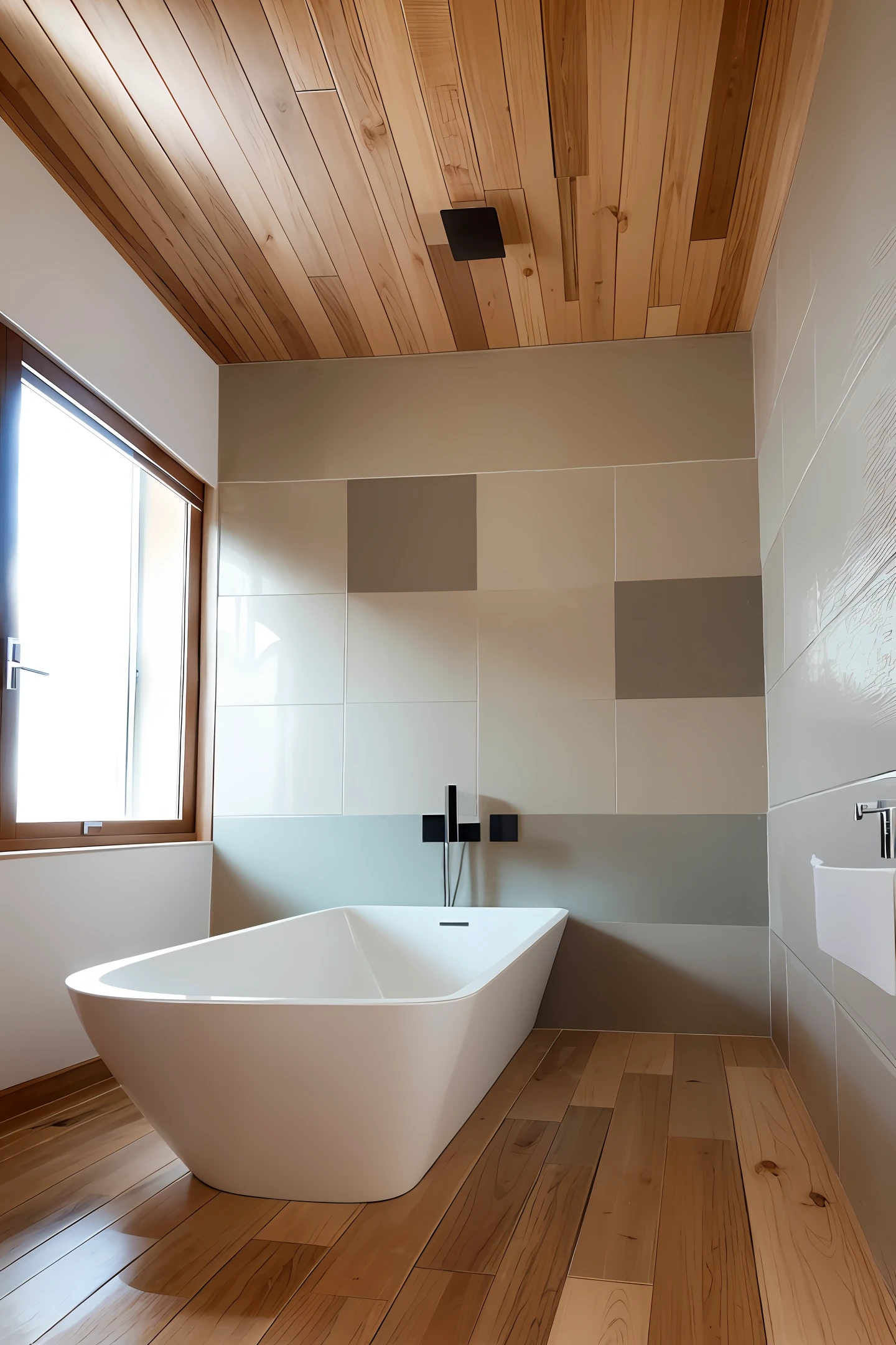 Log style, modern, bathroom, tiled, soft light, rich details