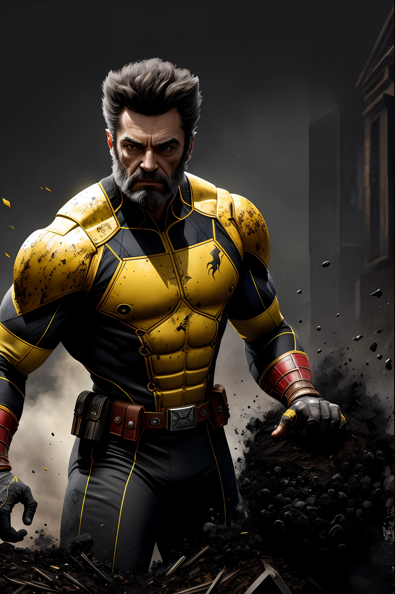 (8k, RAW photo, best quality, masterpiece: 1.2), ultra detailed, authorial art, photo-realistic: 1.37, upper body shot, ((original black and yellow uniform soiled dirt and soot: 1.2)), 3 perfect claws,model, marvel Wolverine, film grain, action pose, a perfect face, 50 years, intricate details, diffused light, by Marvel