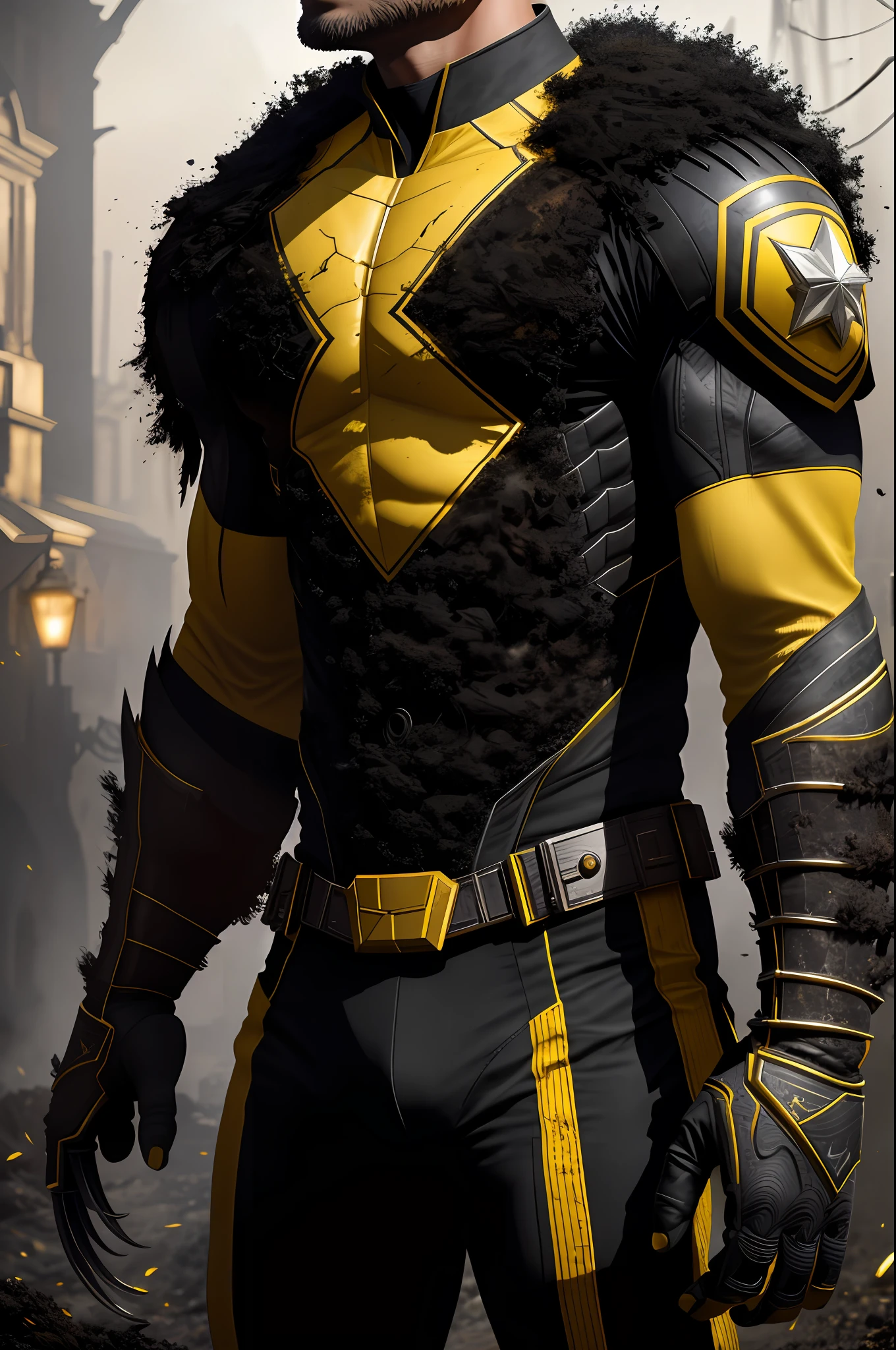 (8k, RAW photo, best quality, masterpiece: 1.2), ultra detailed, authorial art, photo-realistic: 1.37, upper body shot, ((original black and yellow uniform soiled dirt and soot: 1.2)), 3 perfect claws,model, marvel Wolverine, film grain, action pose, a perfect face, 50 years, intricate details, diffused light, by Marvel