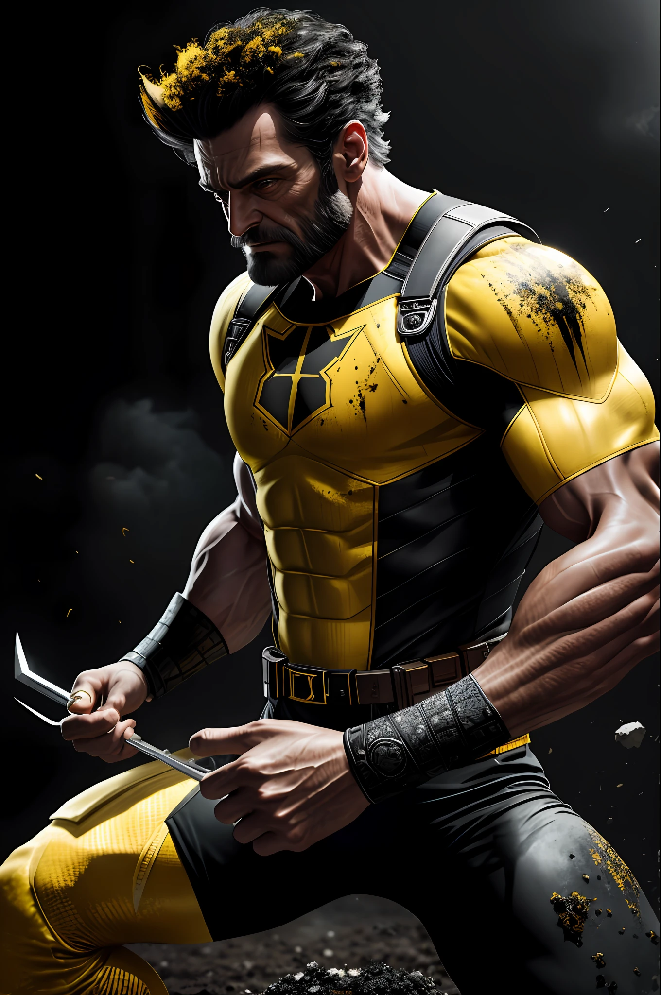 (8k, RAW photo, best quality, masterpiece: 1.2), ultra detailed, authorial art, photo-realistic: 1.37, upper body shot, ((original black and yellow uniform soiled dirt and soot: 1.2)), 3 perfect claws,model, marvel Wolverine, film grain, action pose, a perfect face, 50 years, intricate details, diffused light, by Marvel