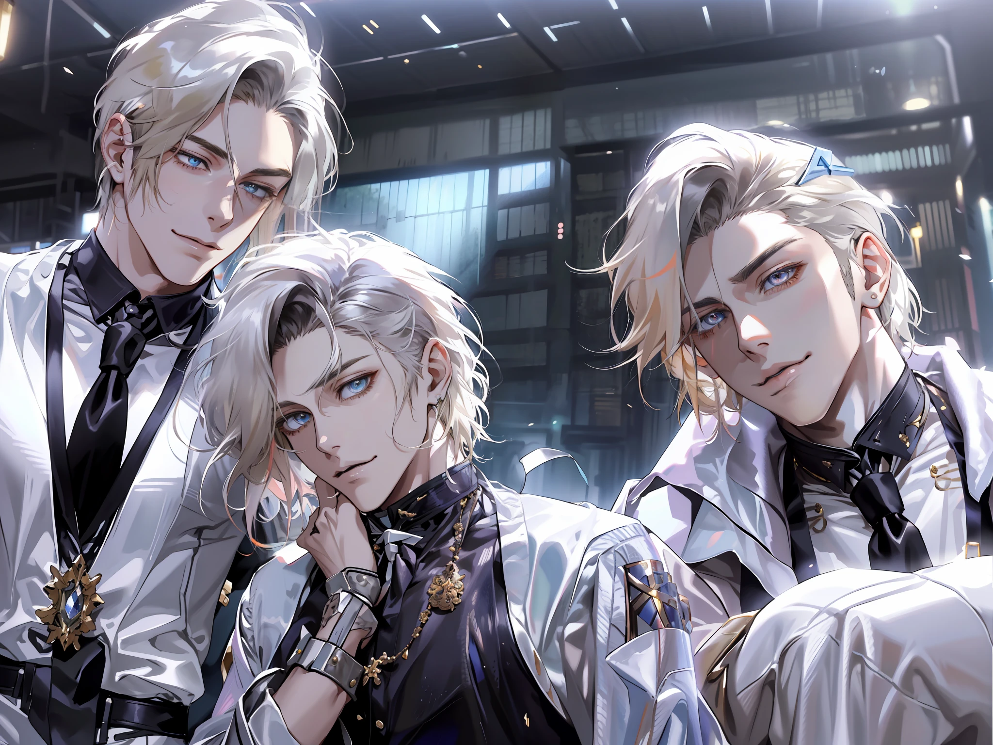 (masterpiece),(best quality:1.0), (ultra highres:1.0), detailed illustration, 8k, anime, 1girl, 2 boy, beautiful anime girl, godly attire, pretty face, detailed face, beautiful eyes, detailed eyes, dark eyes, subtle smile, blonde hair girl, multicoloured hair, beautiful stylish hair, highlights in hair, boys are wearing silver suite, shirts and necktie, short hair boys, black hair, handsome young boys, godly image, poolside, highly detailed