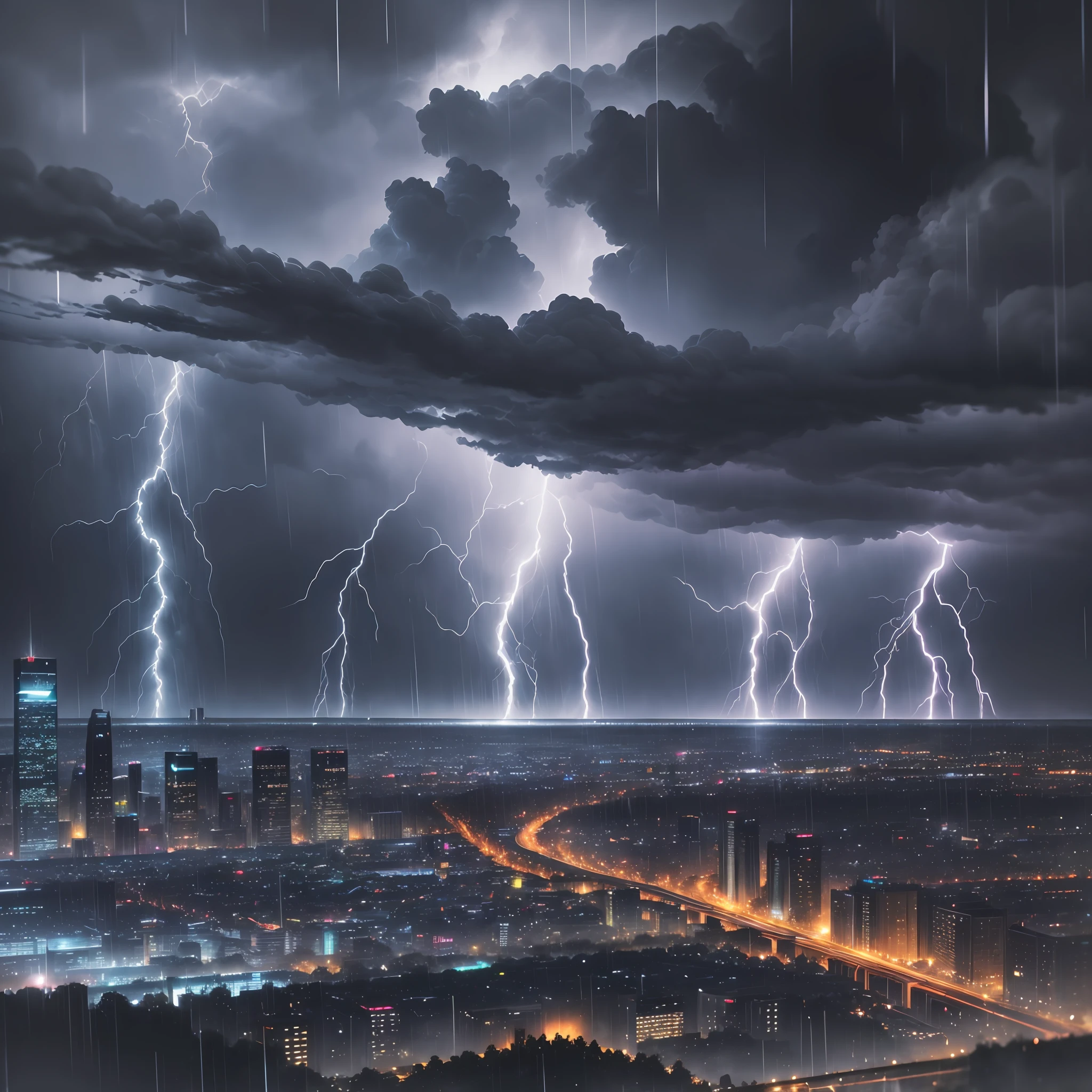 (best quality), ((storm in the city)), high definition, ((lightning:1.2 + heavy rain:1.2)), realistic texture, dynamic perspective, wide scale, vibrant colors. --auto --s2