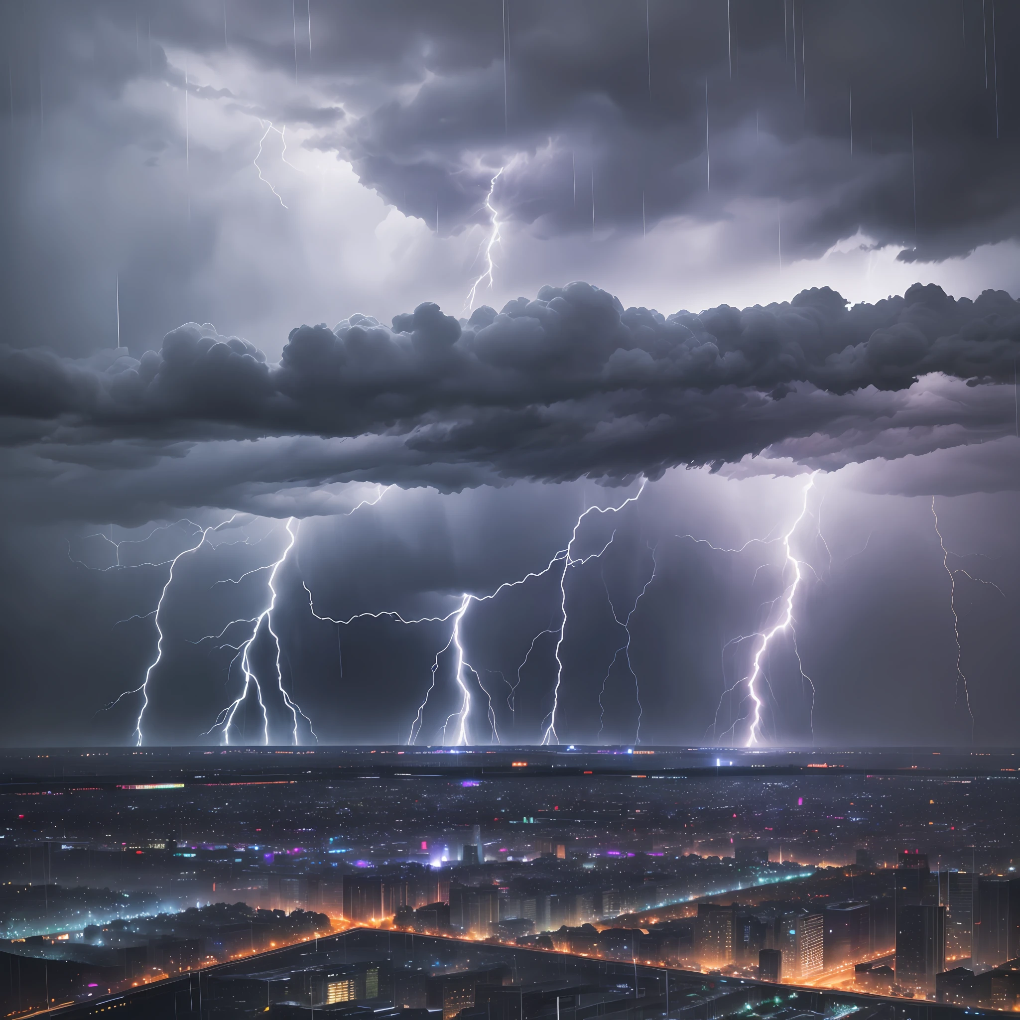 (best quality), ((storm in the city)), high definition, ((lightning:1.2 + heavy rain:1.2)), realistic texture, dynamic perspective, wide scale, vibrant colors. --auto --s2
