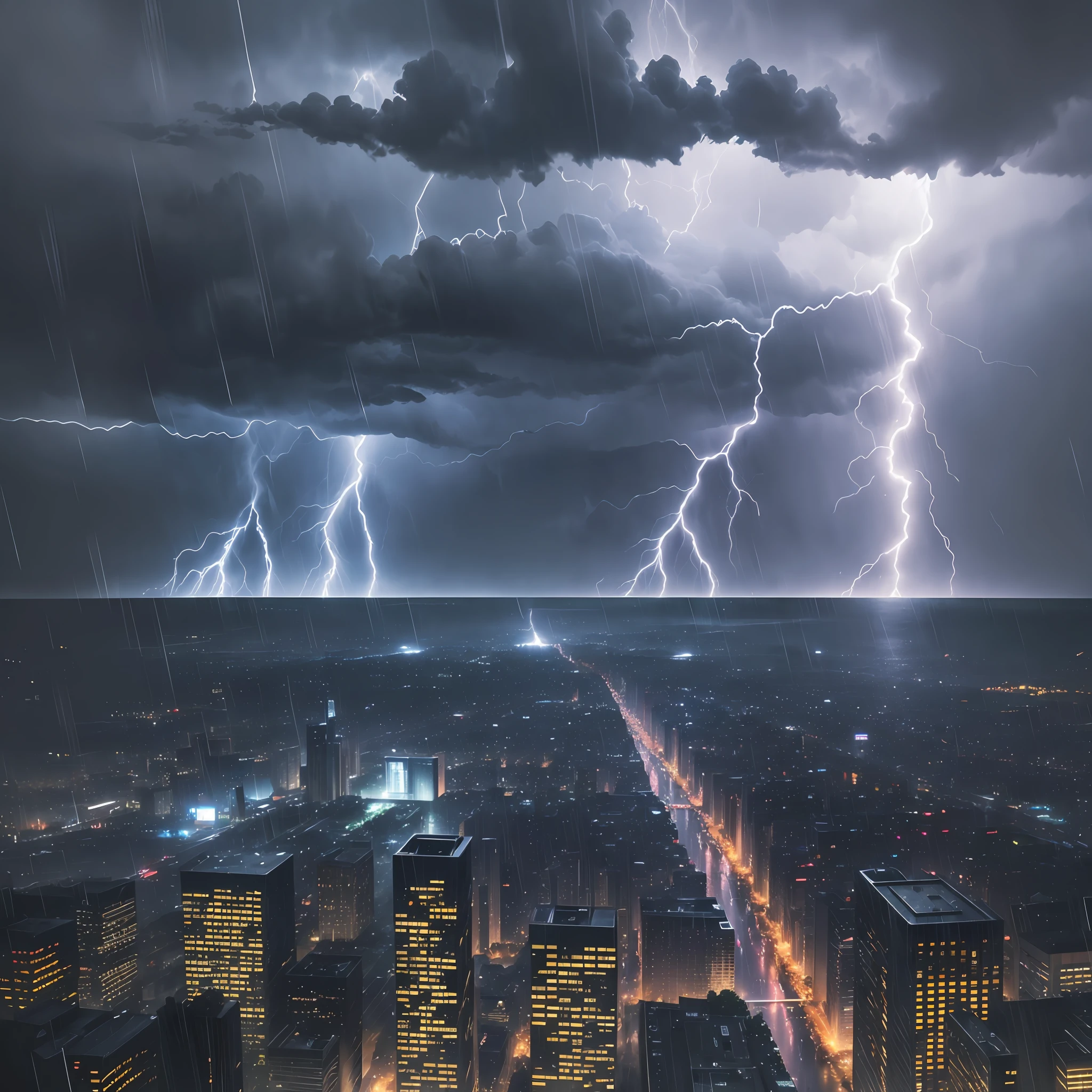 (best quality), ((storm in the city)), high definition, ((lightning:1.2 + heavy rain:1.2)), realistic texture, dynamic perspective, wide scale, vibrant colors. --auto --s2