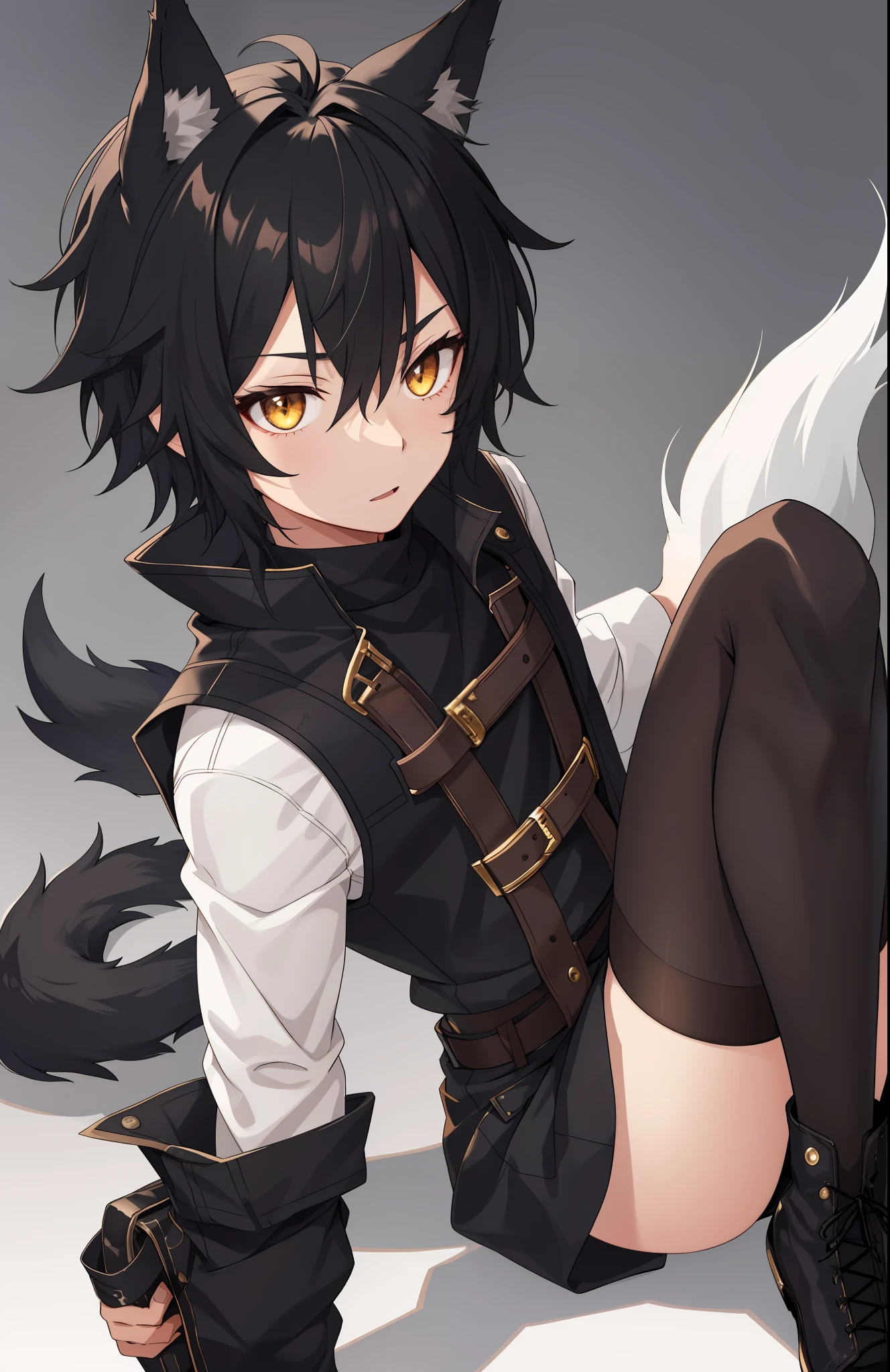 1boy, toned, sharp wolf ears, wolf tail, black messy hair, golden eyes, HD, masterpiece, vibrant, black boots, dead expression, thigh highs, big thighs, big butt, safe for work