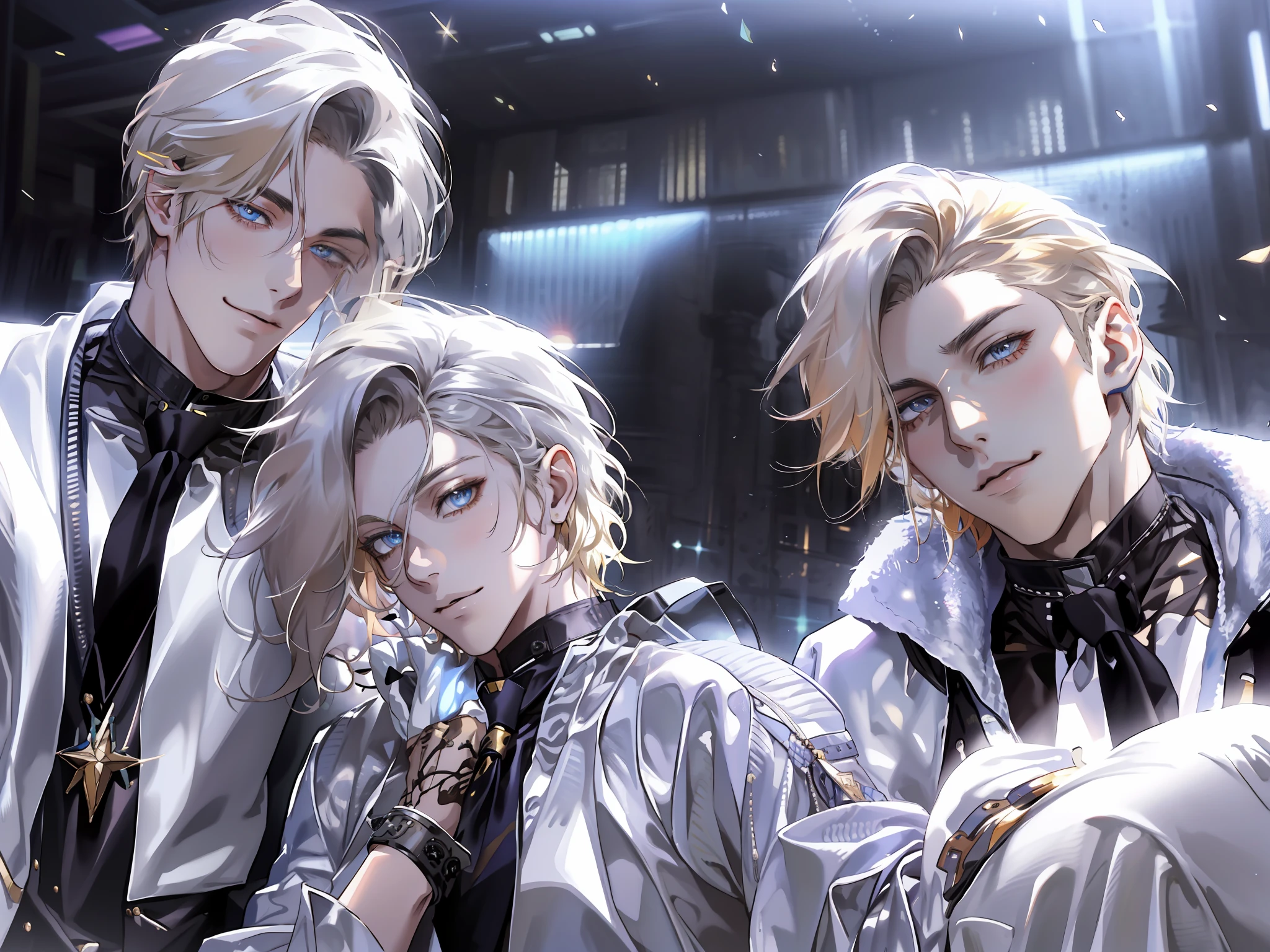 (masterpiece),(best quality:1.0), (ultra highres:1.0), detailed illustration, 8k, anime, 1girl, 2 boy, beautiful anime girl, godly attire, pretty face, detailed face, beautiful eyes, detailed eyes, dark eyes, subtle smile, blonde hair girl, multicoloured hair, beautiful stylish hair, highlights in hair, boys are wearing silver suite, shirts and necktie, short hair boys, black hair, handsome young boys, godly image, poolside, highly detailed