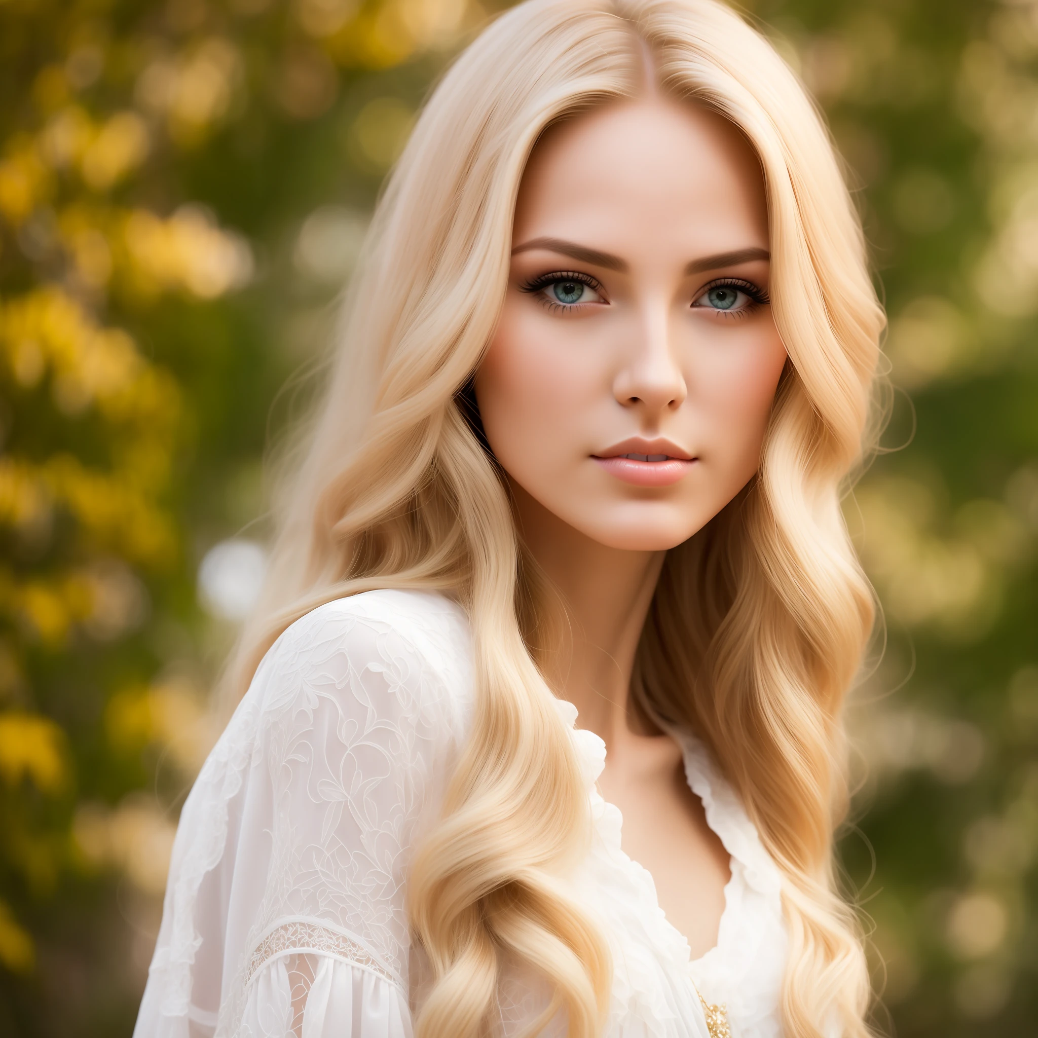 Photograph of a blonde woman with natural skin, (long and voluminous hair), sharp eyes, a thin and upturned nose, shapely lips, and an hourglass figure, wearing typical clothes and makeup. It must be intricately maximalist-detailed, vibrant, epic, smooth, cinematic, HD, backlit, and have a shallow depth of field.