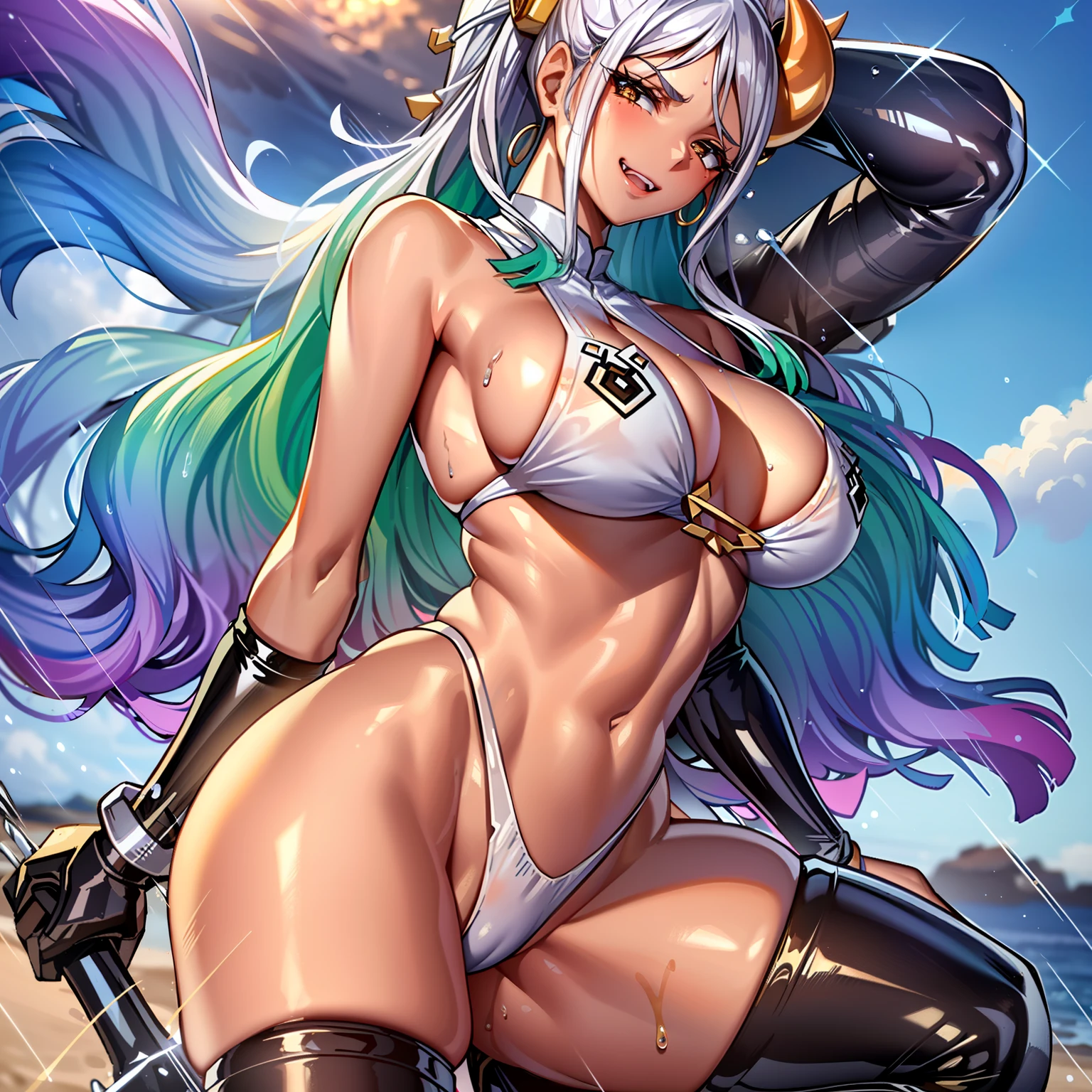 Sagging boobs, huge breasts, boobs squeezed by bikinis. huge tits。 Open your mouth and smile, showing your teeth, fangs. (NSFW: 1.98) Arad woman in bikini poses a sword on the beach, extremely detailed Artgerm, on the beach, Ross landscape background, perfect white-haired girl, seductive anime girl, like Artgerm, on the beach, beautiful seductive anime woman, Rostland !!!, Rostland style, art germ. Anime illustration on sunny beach, (oily skin)) with horns on the head and two red and yellow horns on the head. End of curl. White transparent cheongsam. (Wearing white transparent fabric cheongsam, cheongsam chest opening, highest fabric material, fabric performance 8K, physics engine calculation demonstration):: 1.8. (High-quality, detailed CG art), (beautiful light and shadow, floating effect) (1 person) (shiny hair, blue hair: 1.2 + gray hair: 1.6), when the skin between the chest and lower abdomen is wet, dripping water droplets and sweat slip together, sexy gorgeous, still photos convey a dynamic effect. (extremely detailed, well-made, highest image quality, strong specular reflection of bikinis, clear latex texture) The woman is extremely beautiful, extremely sexy, beautiful and moving, seductive, and the transparent texture of the leggings is just right, making people shine. ((NSFW, low saturation)) ((oily skin)), ((water droplets on the skin)), 1.6. The body is moist and shiny, the body is wet and shiny, the body is wet and shiny, the breasts are bigger, the ass is bigger. ((Masterpiece)), the best quality, super fine, highly realistic, wet all over, bathed in rain, every bead of sweat is clearly visible. (Masterpiece: 1.6), (Best Quality: 1.5), Ultra High Resolution, 1 Girl, Very Detailed, 8K, Beautiful, Detailed Eyes, Looking at the Viewer, Intense Dark Colors, (Depth of Field), (Dynamic), (Epic), Sharp Focus, (Intricate Details: 1.86), Full Color, Nano \ (One Piece), Bangs, Bare Shoulders, Belt, Gold Striped Clear Heart Sticker, Blue Sky, Bracelet, Breasts, (