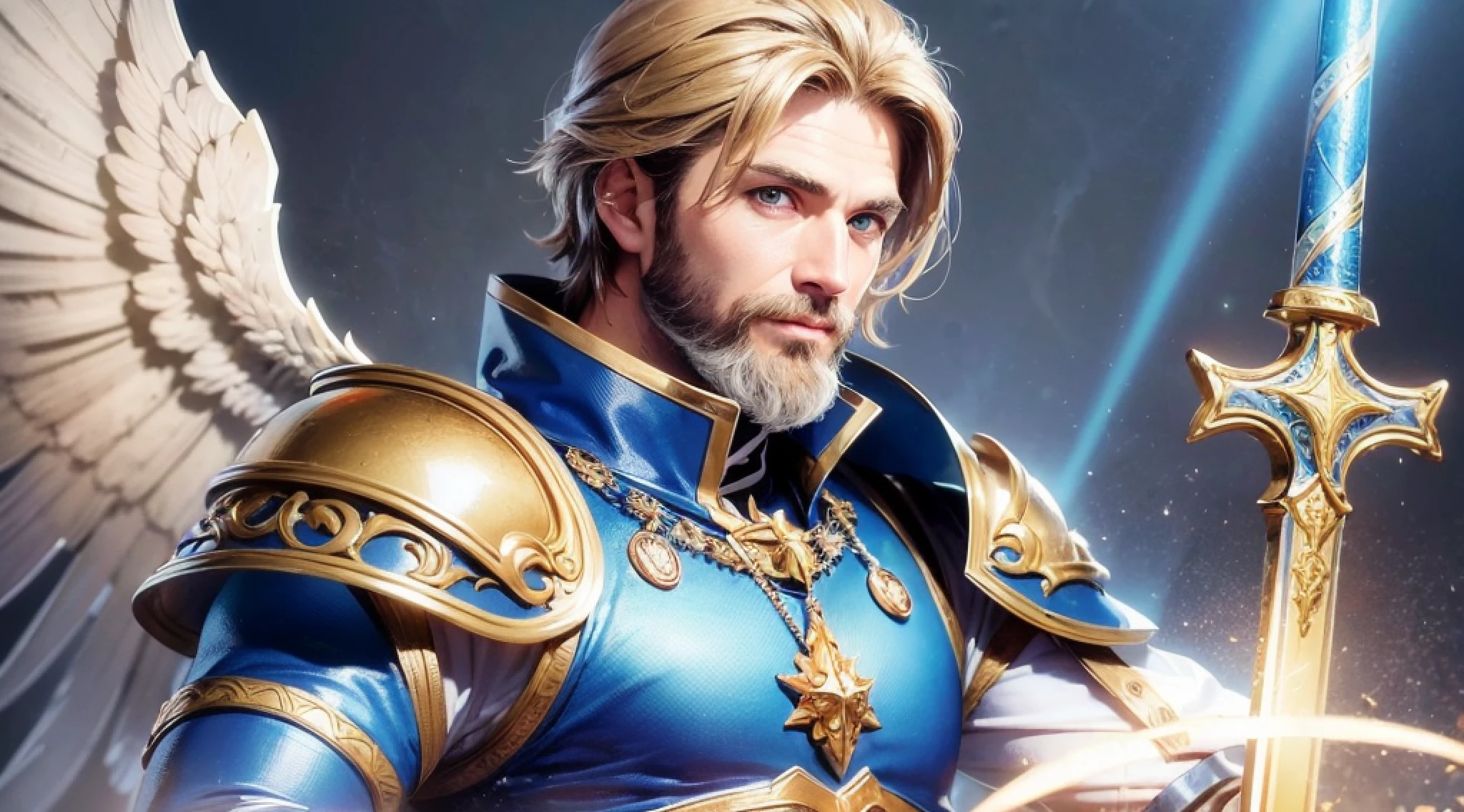 Create a realistic image in 8K, of a Man, Archangel Michael, warrior, man with short brown beard, with light brown hair, almost blonde, very light brown eyes, very loving physiognomy, man, light cotton clothing blue color with light details in gold and violet shining a blue aura. Holding an excalibur sword of blue flaming light. Beautiful background, very soft of course. Flaming blue sword. Man with short brown beard. Realistic image. --auto --s2