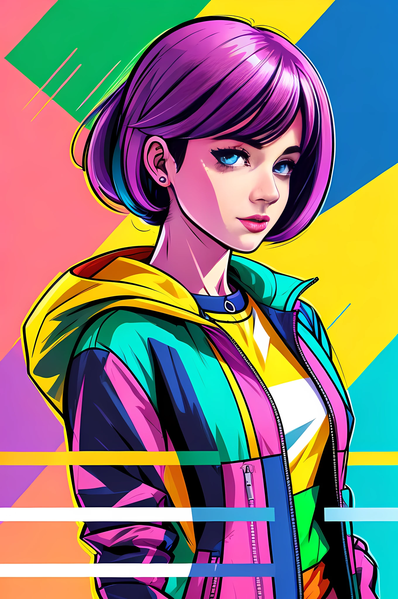 arafed image of a woman with a colorful shirt and jacket, a pop art painting inspired by Ilya Kuvshinov, trending on cgsociety, digital art, vibrant fan art, colourful movie art, style digital painting, colorful digital painting, digital art style, digital art. colorful comic, digital art!!, photoshop art, in style of digital painting --auto --s2