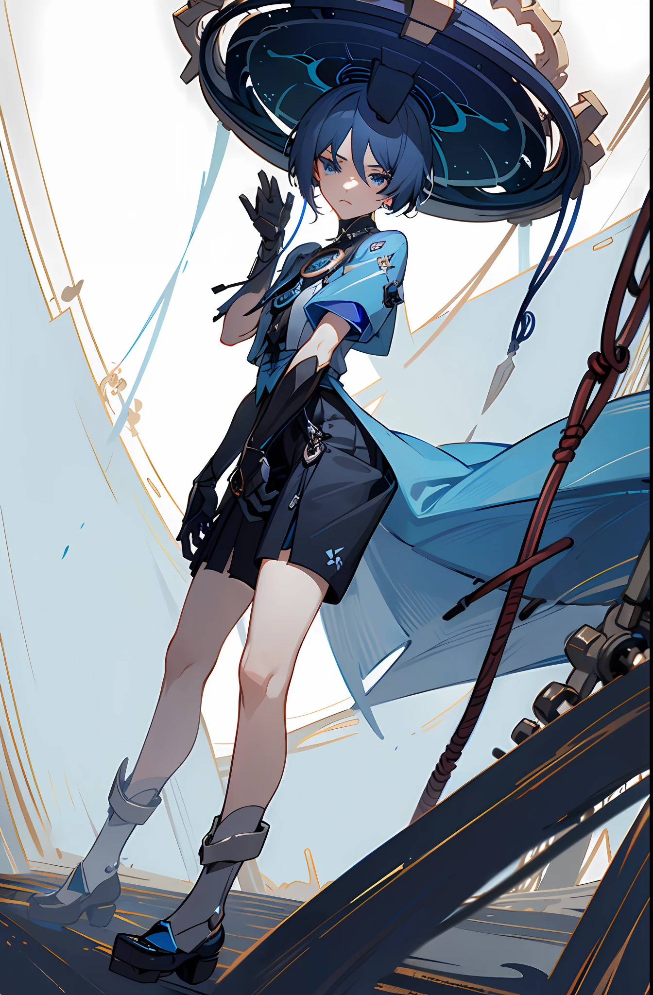1male, pain_facial_expression,((masterpiece)),((high detailed)), ((best quality)), blue hair, blue eyes, ((black_mechanical_body)), ((wires)), (((prothesis_arms))), raining, dark_lighting, beautiful lighting,((prothesis_legs)), reactor, fan,