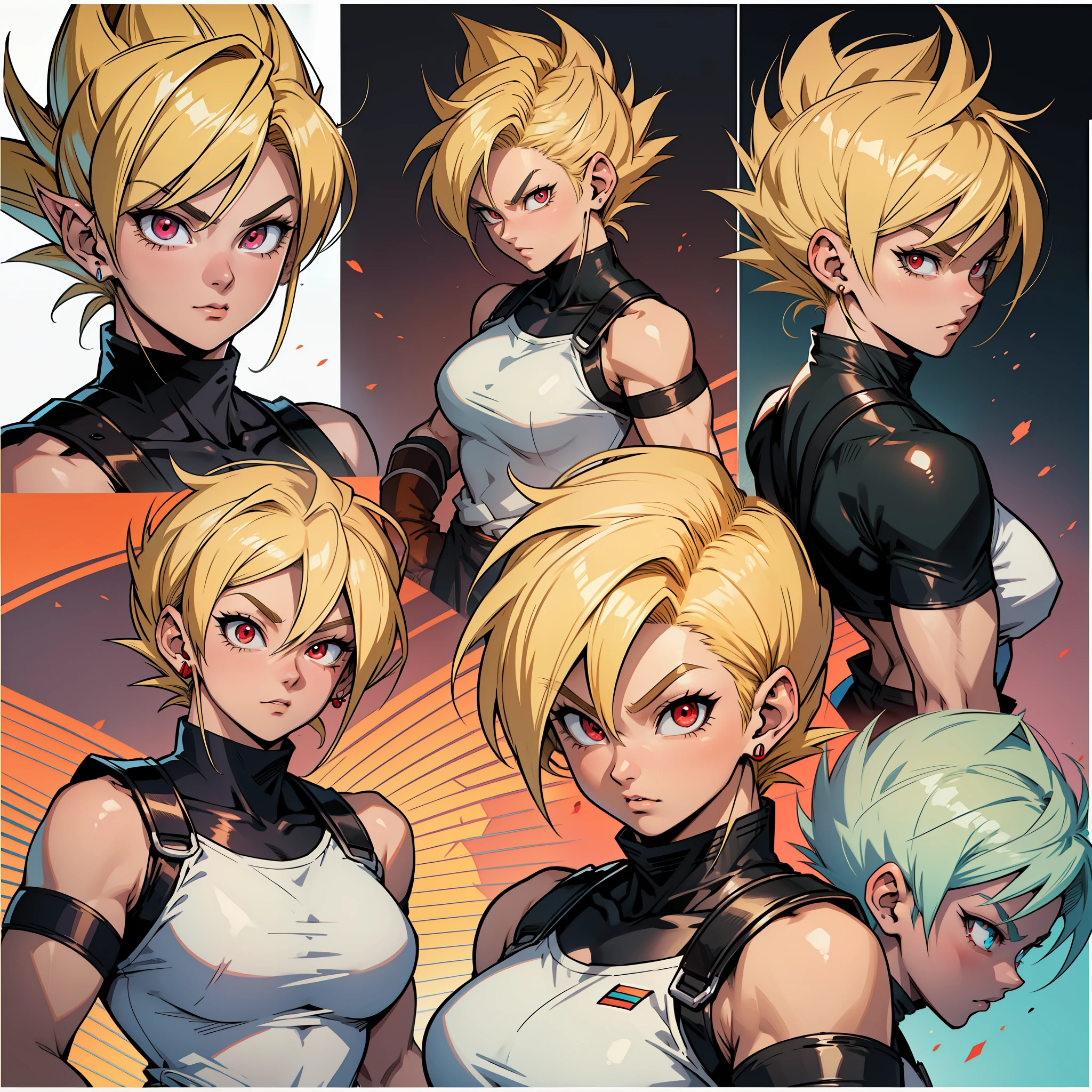 "((best quality)), an ultra-detailed cartoon in the style of Dragon Ball Z with the strong character, a white woman with short blonde hair above the shoulder and crimson red eyes, with a look similar to that of Bulma."