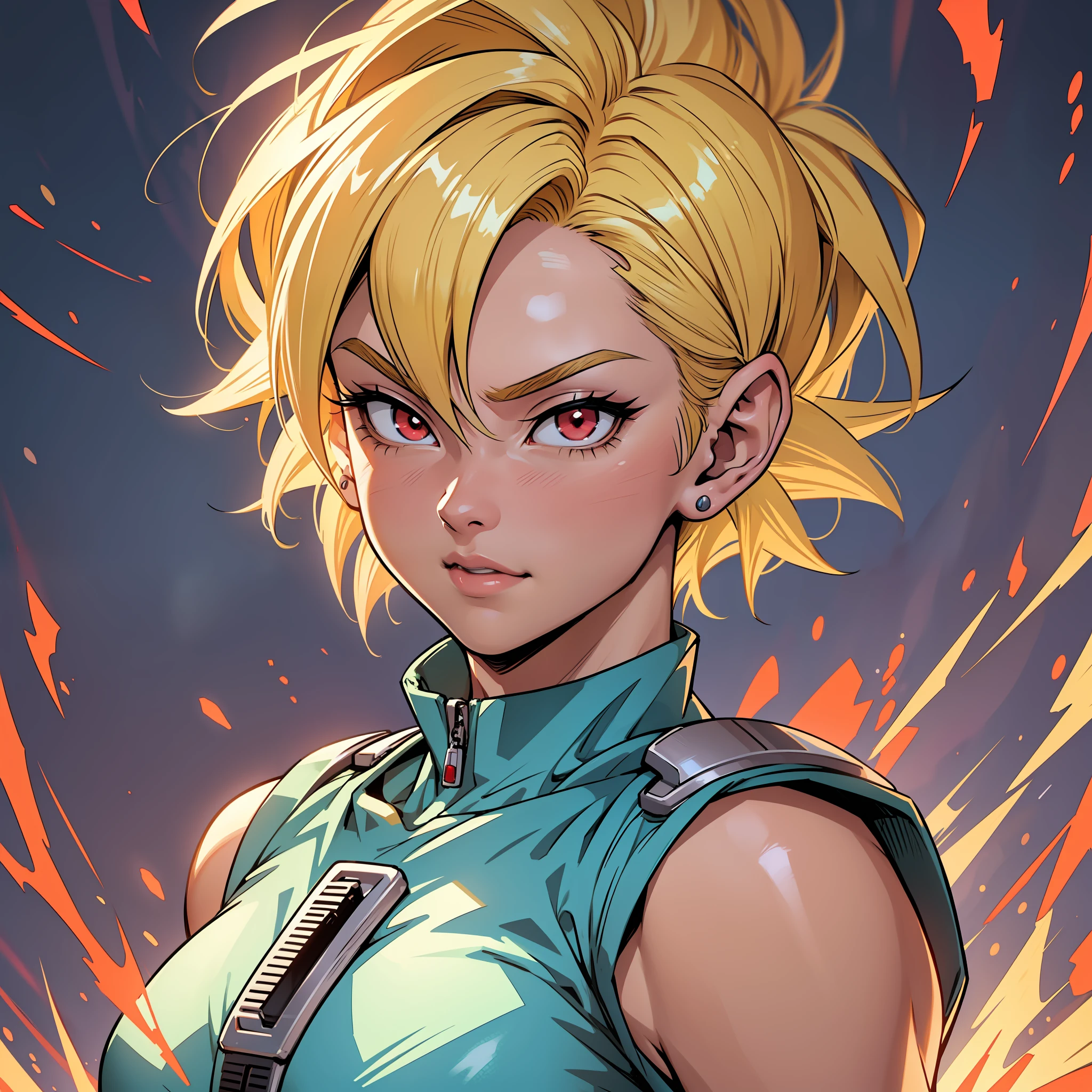"((best quality)), an ultra-detailed cartoon in the style of Dragon Ball Z with the strong character, a white woman with short blonde hair above the shoulder and crimson red eyes, with a look similar to that of Bulma."