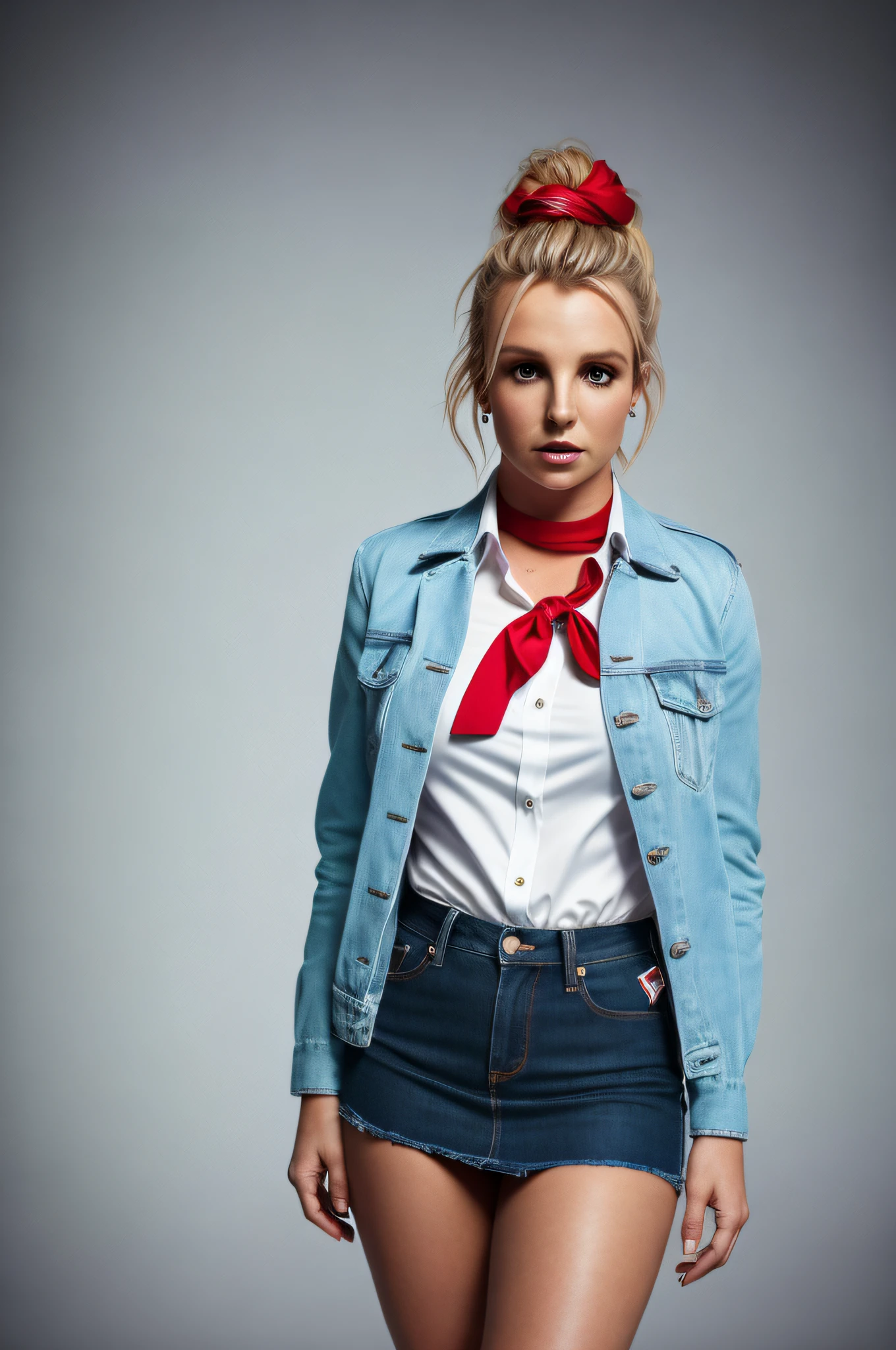 BRITNEY SPEARS photo, 4K texture, high quality, gorgeous hairstyle, original album cover, high school outfit, white shirt, red tie with blue stripes, blue mini denim skirt, red suit, black boots, (masterpiece) (perfect ratio)(realistic photo)(best quality) (detailed) shot on a Canon EOS R5, 50mm lens, F/2.8, HDR, (8k) (wallpaper) (cinematic lighting) (dramatic lighting) (sharp focus) (intricate)