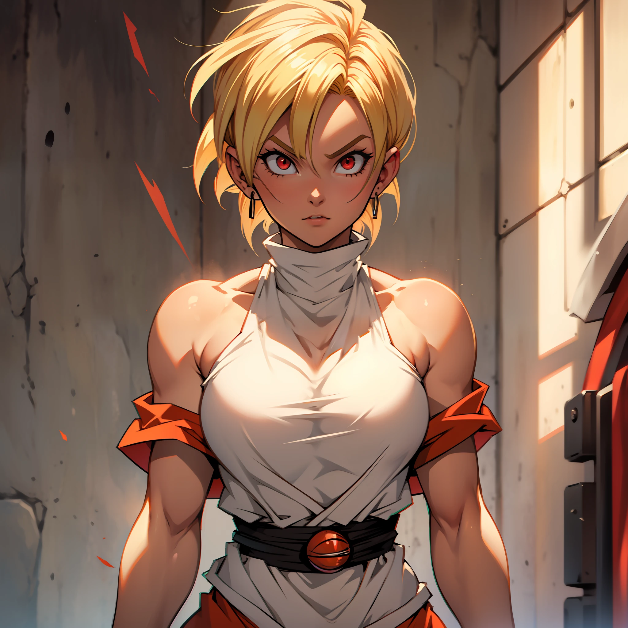 strong White woman, short blonde hair (above shoulder), crimson red eyes, , dragon ball z, bulma style