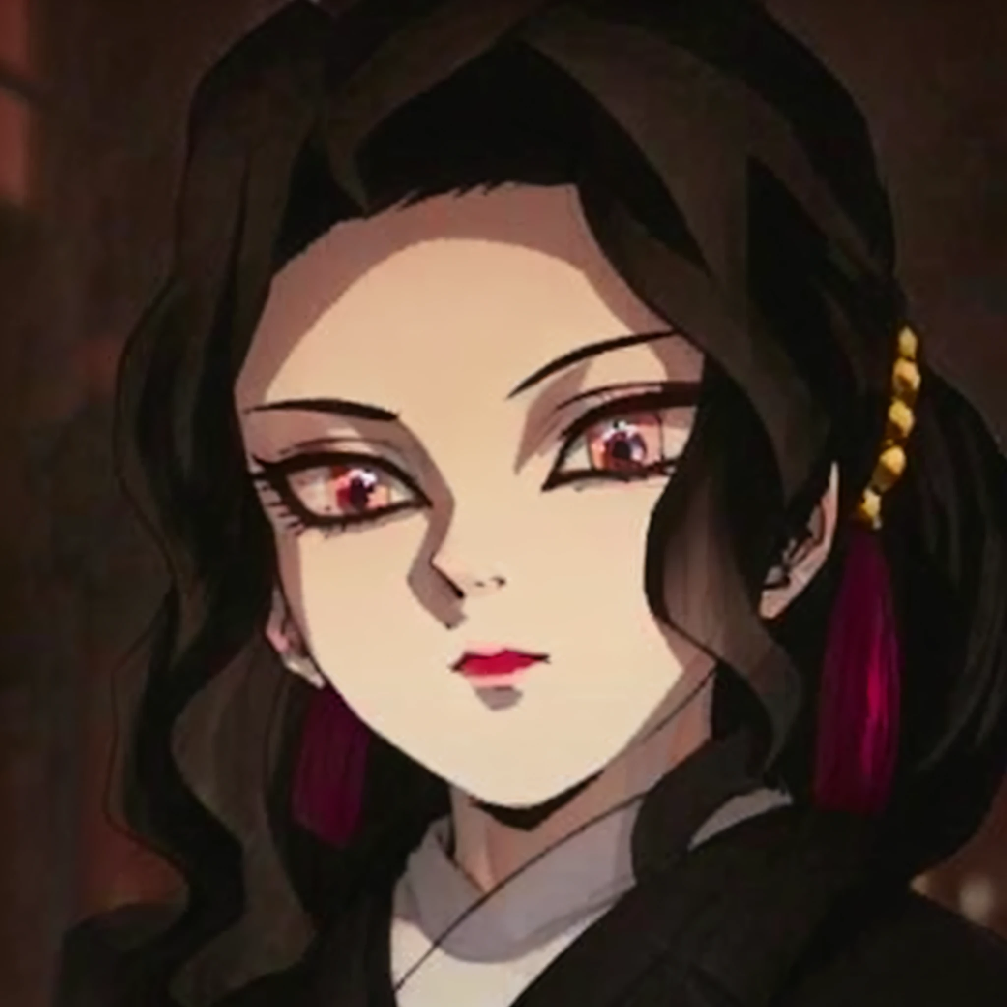 a close up of a woman with long hair and red earrings, in the anime series ergo proxy, in the anime film ergo proxy, kimetsu no yaiba, 1 7 - year - old anime goth girl, nezuko, maya fey from ace attorney, inspired by Li Mei-shu, nezuko-chan, anya from spy x family