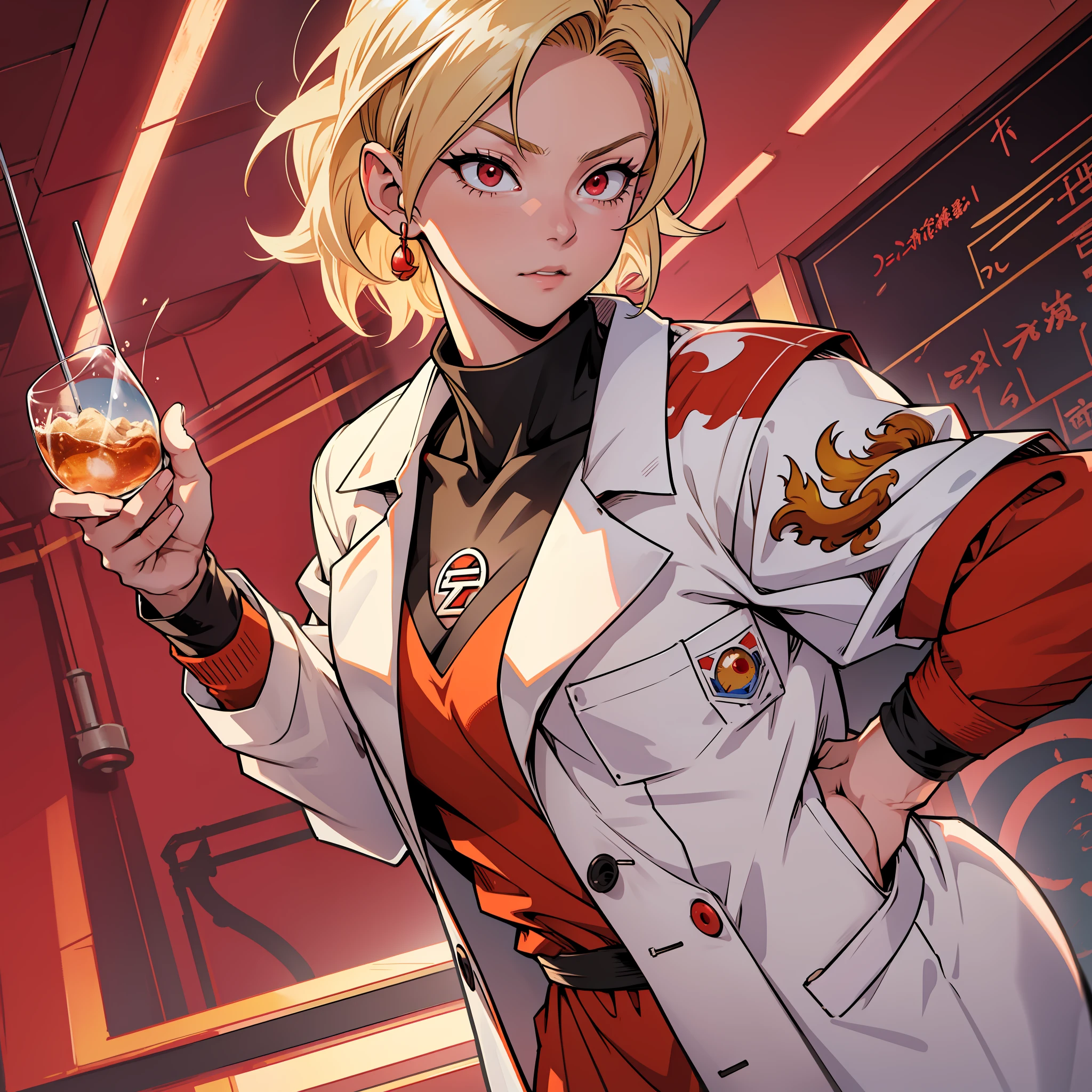 White woman, short blonde hair (above shoulder), crimson red eyes, teacher's outfit, lab coat, classroom background, dragon ball z, bullda, chi-chi, art