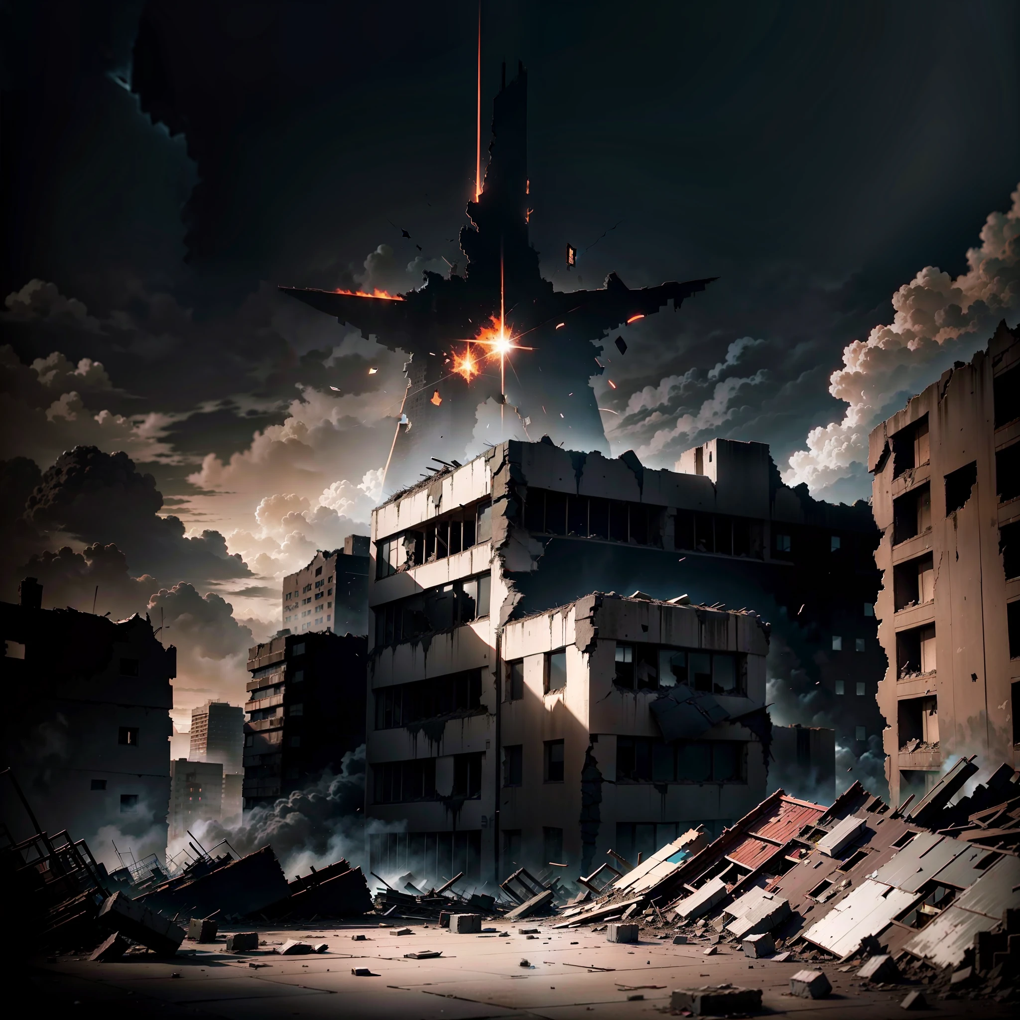 Create an apocalyptic scene with crumbling buildings against a black sky with red stars. Make sure the image captures the scene realistically and authentically, with details like the crumbling buildings, black sky, and red stars. Use a dark and gloomy color palette to highlight the image and make it more attractive. Add textures and details to make the image more realistic, such as the appearance of crumbling buildings and the black sky with red stars. Make sure the resulting image feels like a doomsday scenario." —c 10 —ar 2:3