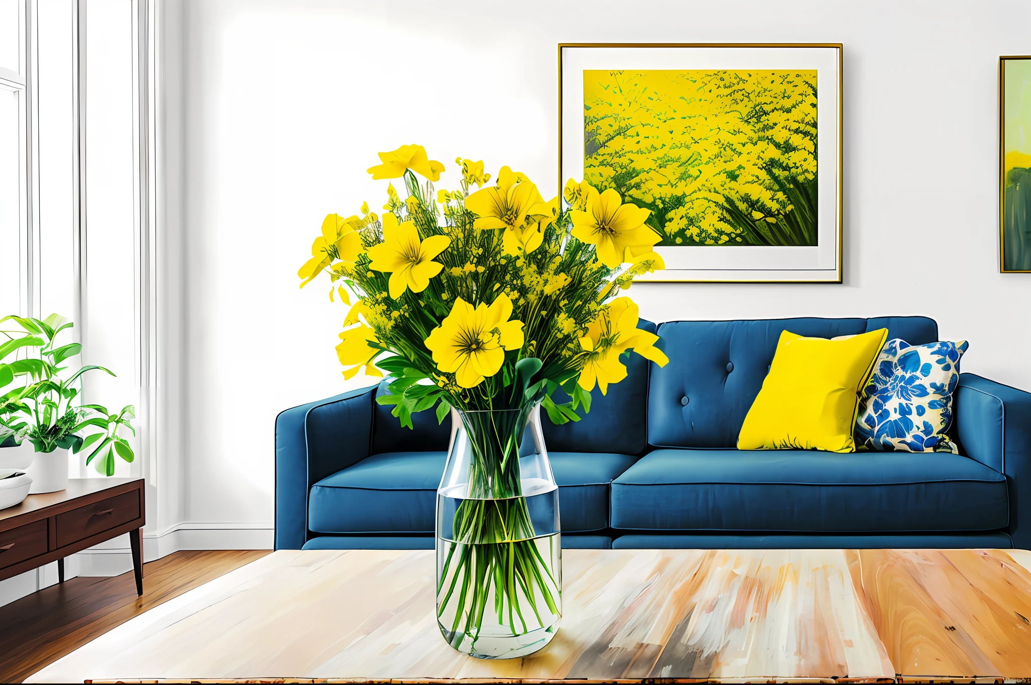 there is a vase with yellow flowers and a picture on a table, bright daylight indoor photo, photo of a beautiful, stylish decor, fotografia, placed in a living room, bright happy atmosphere, cozy living room background, placed in a large living room, cozy living room interior, bright modern style, portrait of a beautiful, bright studio setting, vibrant aesthetic