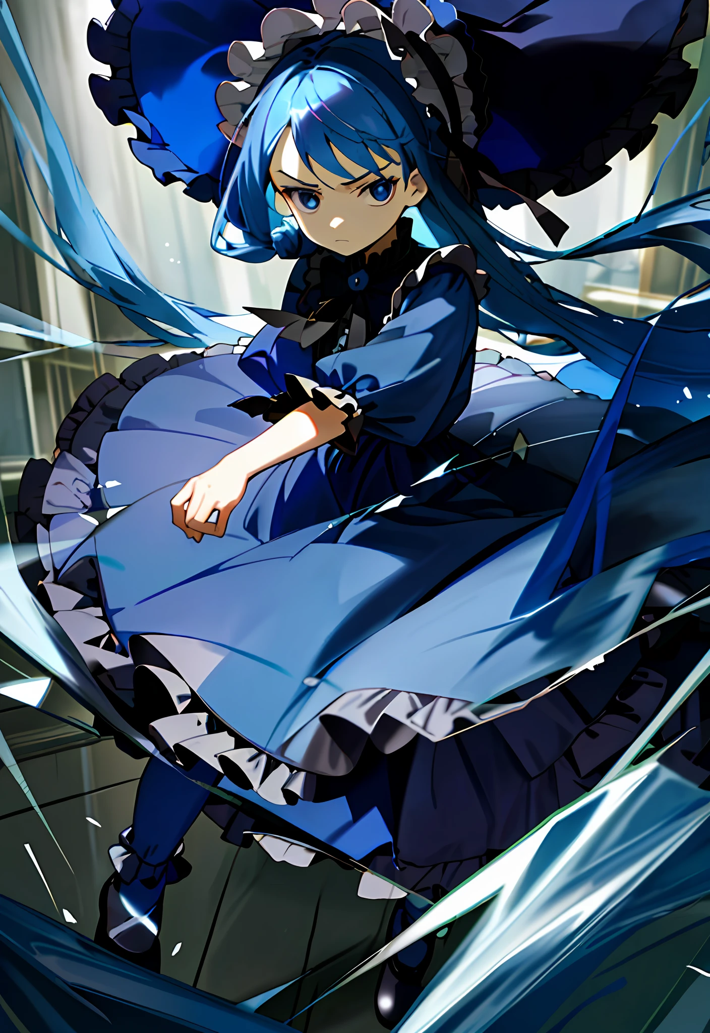 (masterpiece, best quality, illustration), 1 ***********, face focus, long blue hair, half updo, expressionless face, glaring, long navy blue ****ta style dress, bonnet hat, full body, fighting motion pose, ****, smooth light, ((bright)), clear