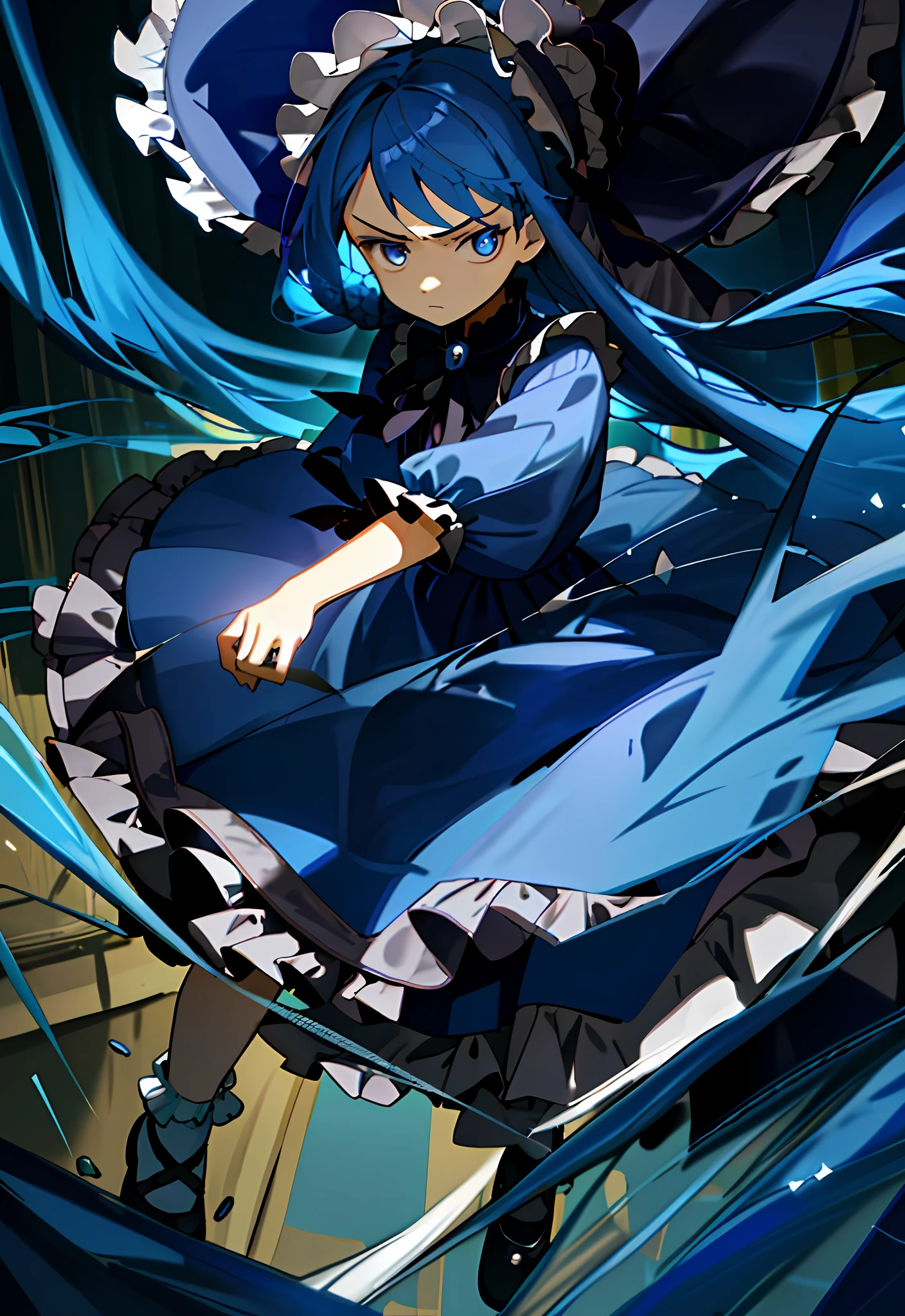 (masterpiece, best quality, illustration), 1 little girl, face focus, long blue hair, half updo, expressionless face, glaring, long navy blue Lolita style dress, bonnet hat, full body, fighting motion pose, loli, smooth light, ((bright)), clear