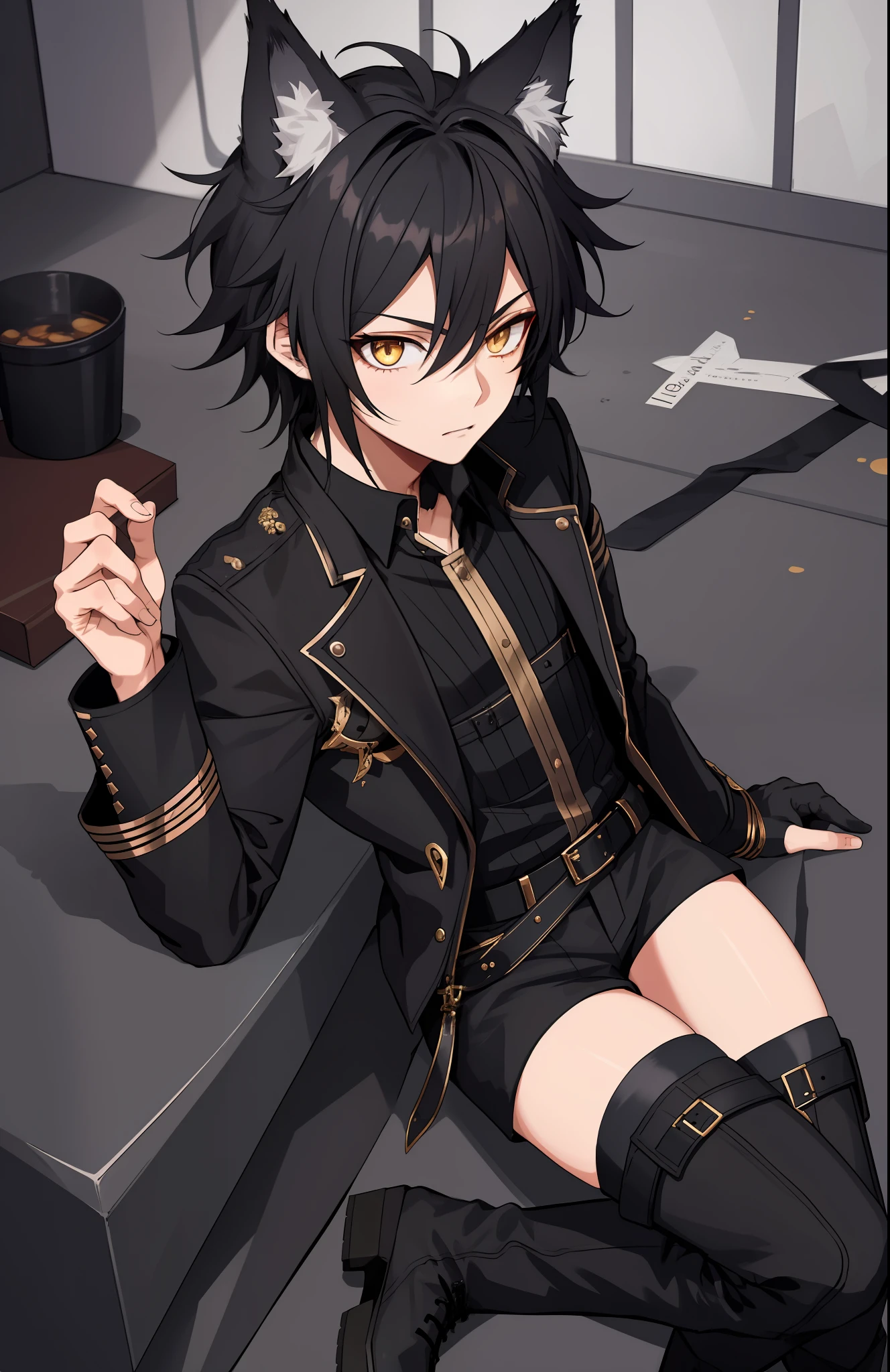 1boy, toned, sharp wolf ears, wolf tail, black messy hair, golden eyes, HD, masterpiece, vibrant, black boots, dead expression, thigh highs, safe for work, gothic aesthetic