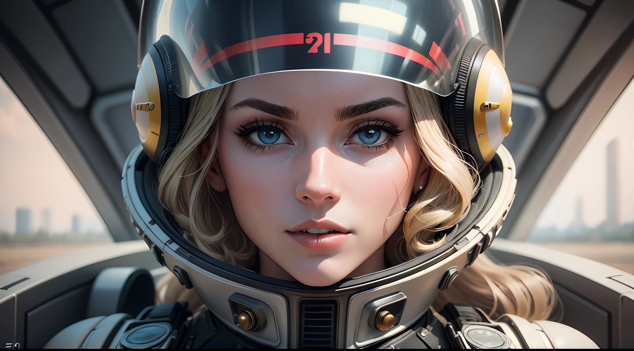 a close up of a woman in a helmet and a helmet on, 2 0 2 1 cinematic 4 k framegrab, barbarella, by Anna Katharina Block, fighter pilot in the cockpit, moody : : wes anderson, retro photography, furious gorgeous woman, sixties, faster, awarded on cgsociety, pompadour, nascar, 2015 cinematography --auto --s2