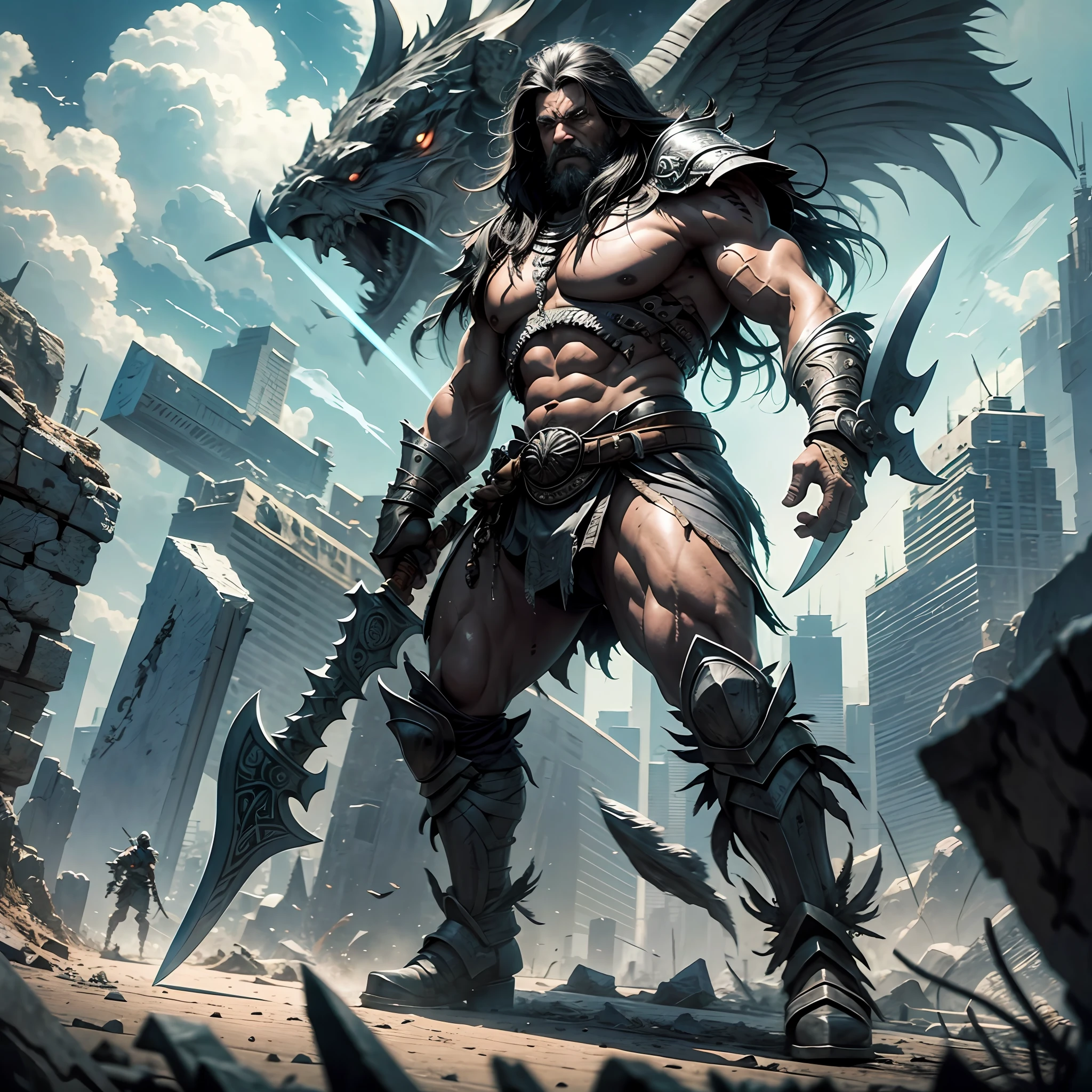 Barbarian with dark gray skin flying and wielding a giant, brutal axe --auto --s2