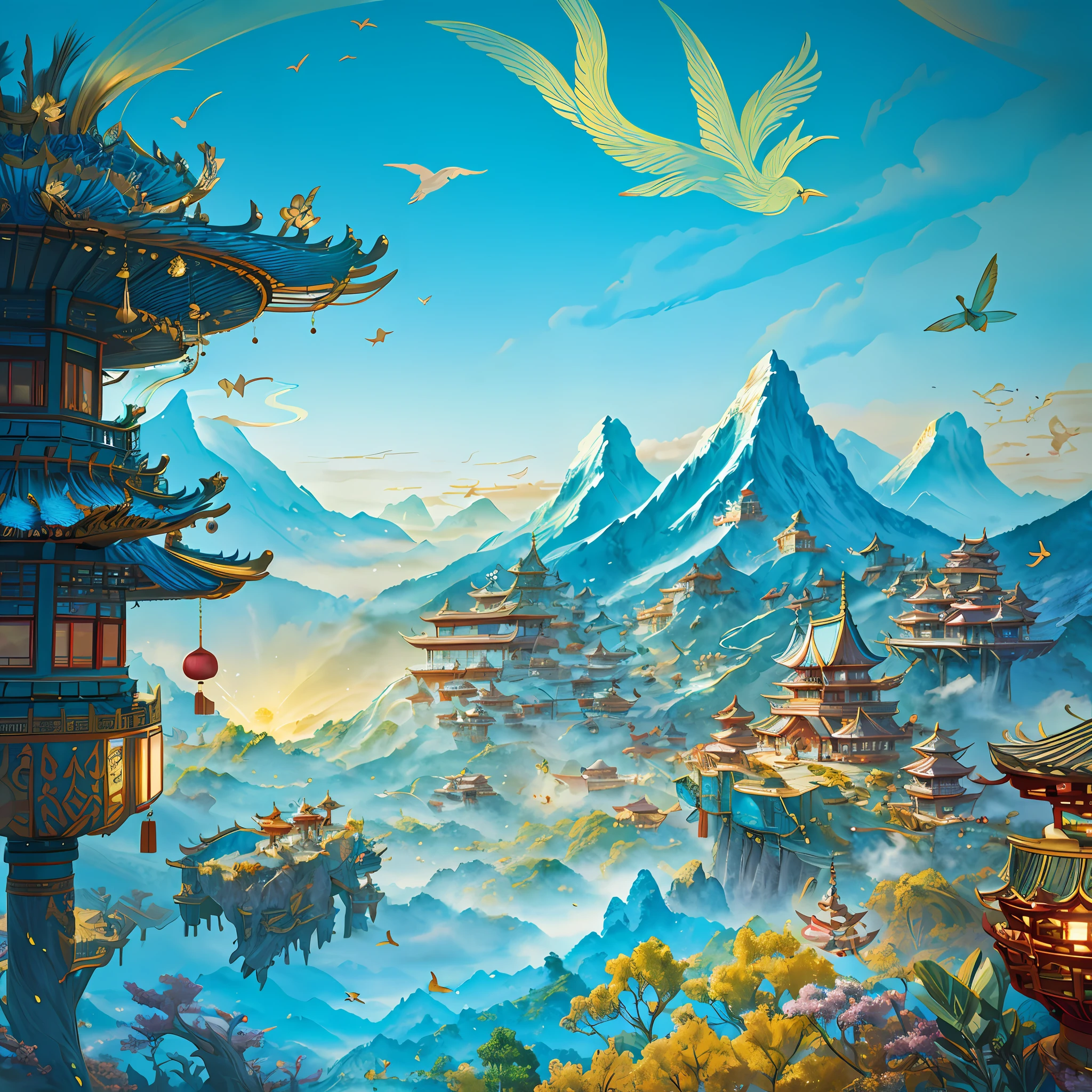 an image of an asian landscape with mountains and birds in the air, in the style of fantastical otherworldly visions, light cyan and gold, intricately mapped worlds, hyperrealistic illustrations, romanticized cityscapes, detailed character illustrations, organic shapes and curved lines, --v6