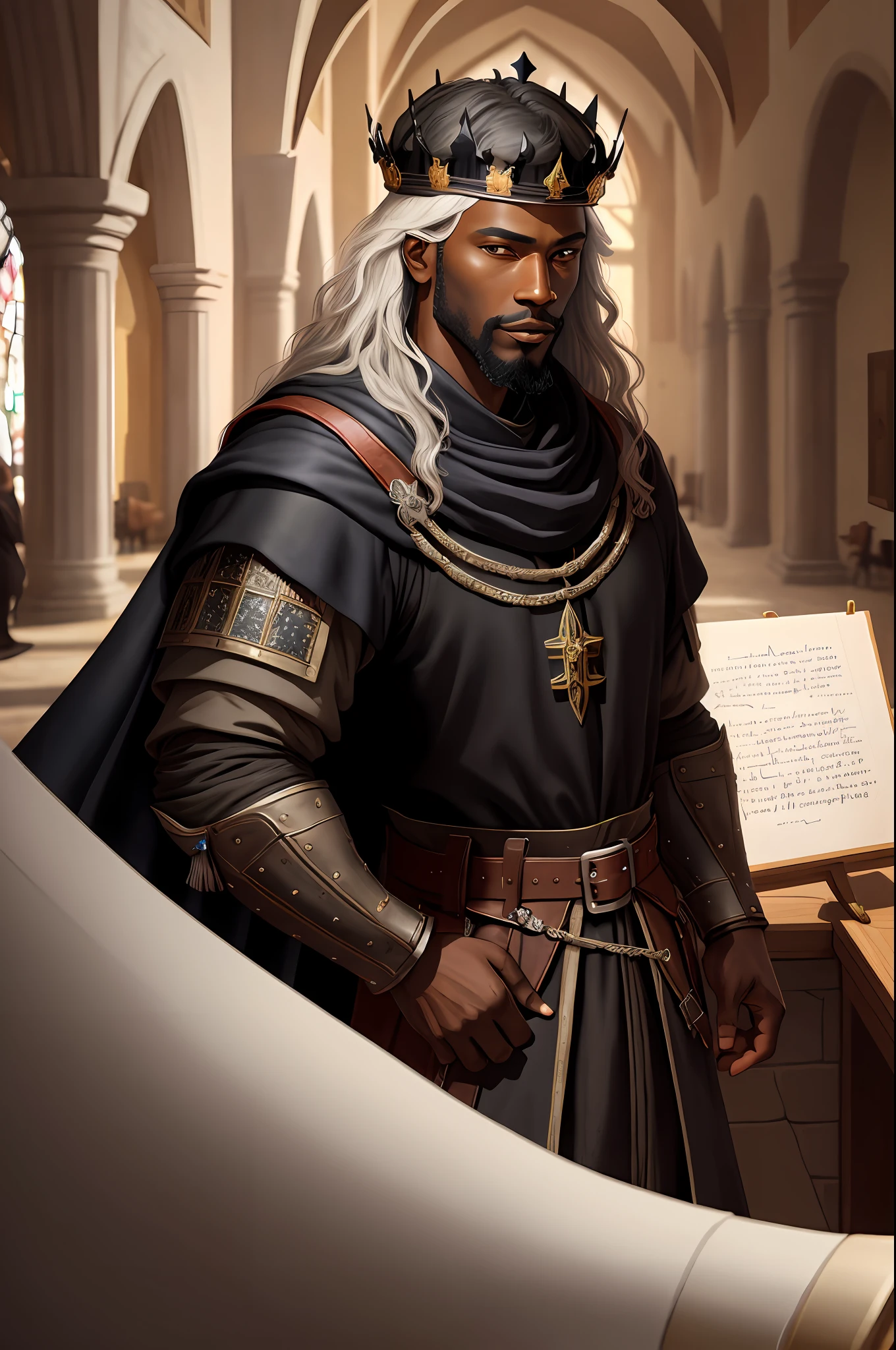 Generate an ultra-detailed masterpiece with the best possible quality: a black medieval king.