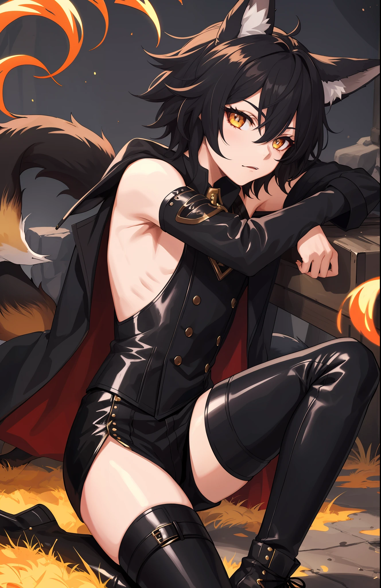 1boy, toned, sharp fox ears, fox tail, black messy hair, golden eyes, HD, masterpiece, vibrant, black boots, dead expression, thigh highs, safe for work, gothic aesthetic, fire powers