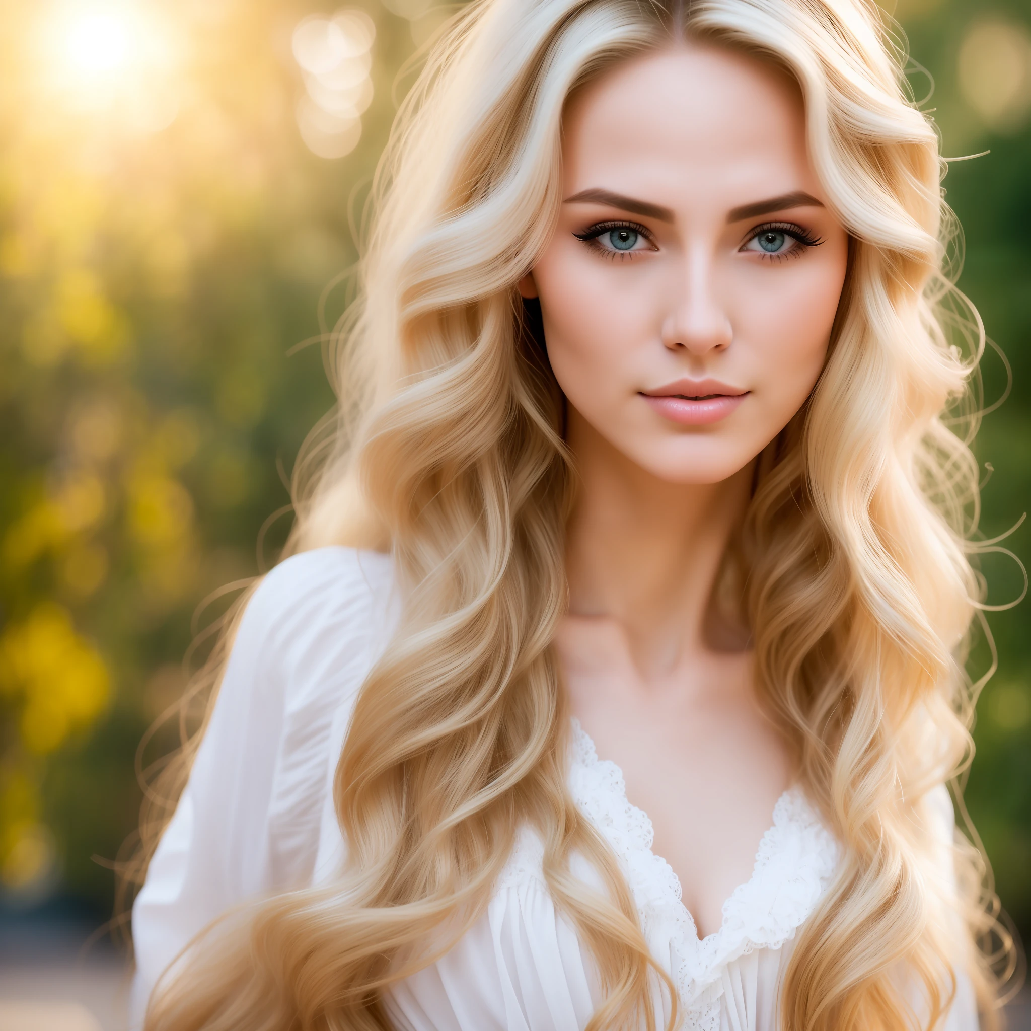 Photograph of 1 blonde woman with natural skin, long and voluminous hair, sharp eyes, a thin and upturned nose, shapely lips, and an hourglass figure, wearing typical clothes and makeup. It must be intricately maximalist-detailed, vibrant, epic, smooth, cinematic, HD, backlit, and have a shallow depth of field.