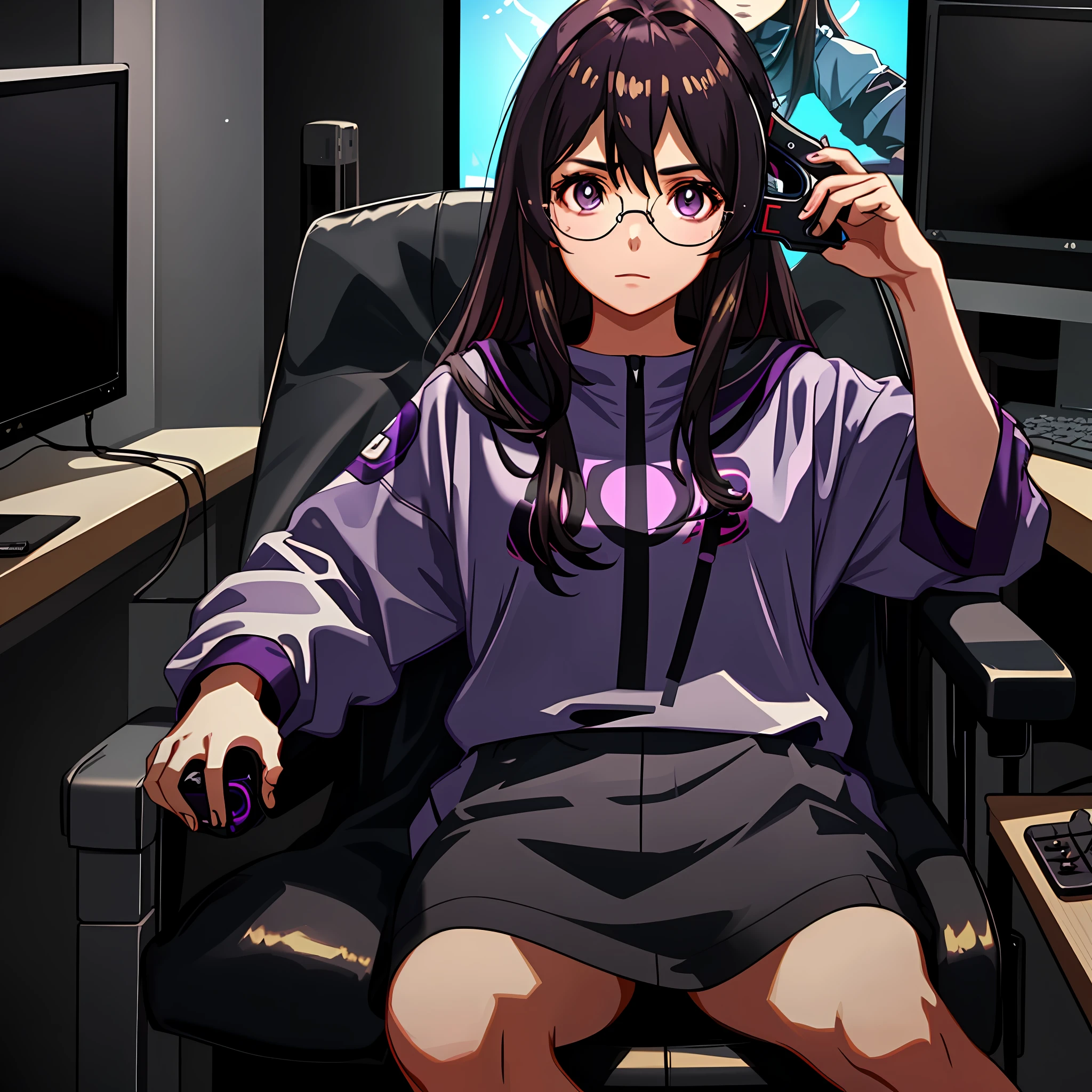 1girl, brunette skin, wavy black hair (with shades of purple), golden eyes, playing video games, with a challenging look, sitting in a chair, and holding a video game controller, round face, ultra realistic eyes, realistic lighting, Radiosity, Close UP, auto -- s2