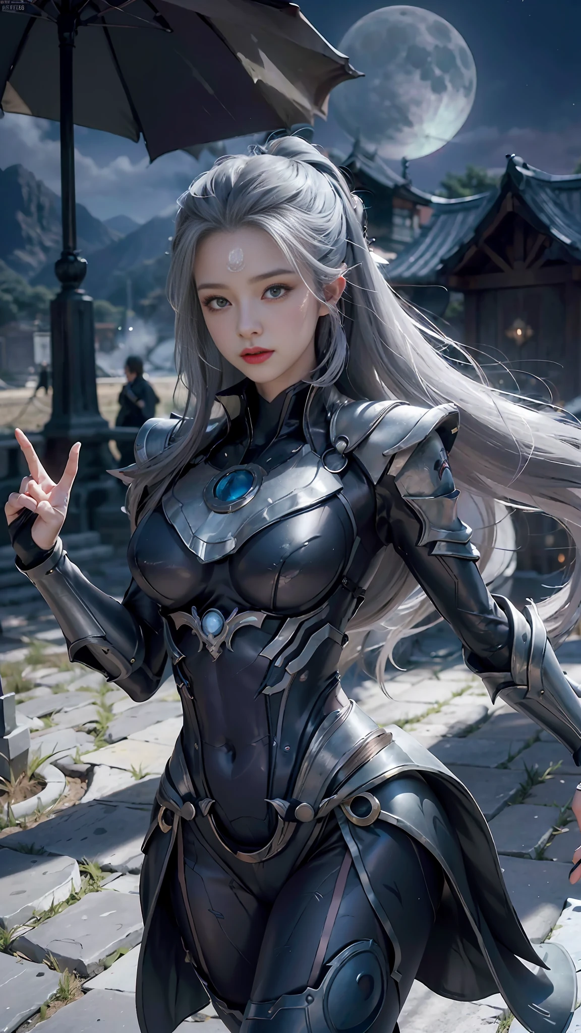 ((Best Quality, 8K, Masterpiece: 1.3)), 1girl, Slim Abs Beauty: 1.3, Super Fine Face, Detailed Eyes, Double Eyelids, Dynamic Pose, Night Sky, Moon, Smile, Diana Standing Portrait Photo, Diana (League of Legends), Solo, Face Markers, Male Focus, Forehead Markers, Armor, Lips, Portrait, Crescent Moon, Looking at the Audience, 1Girl, Gray Hair, Sexy, Dark Blue Costume, Perfect Figure, Detailed Digital Anime Art, Best anime 4K konachan wallpaper, anime goddess, high detail official artwork, detailed anime art, portrait of female anime hero, onmyoji