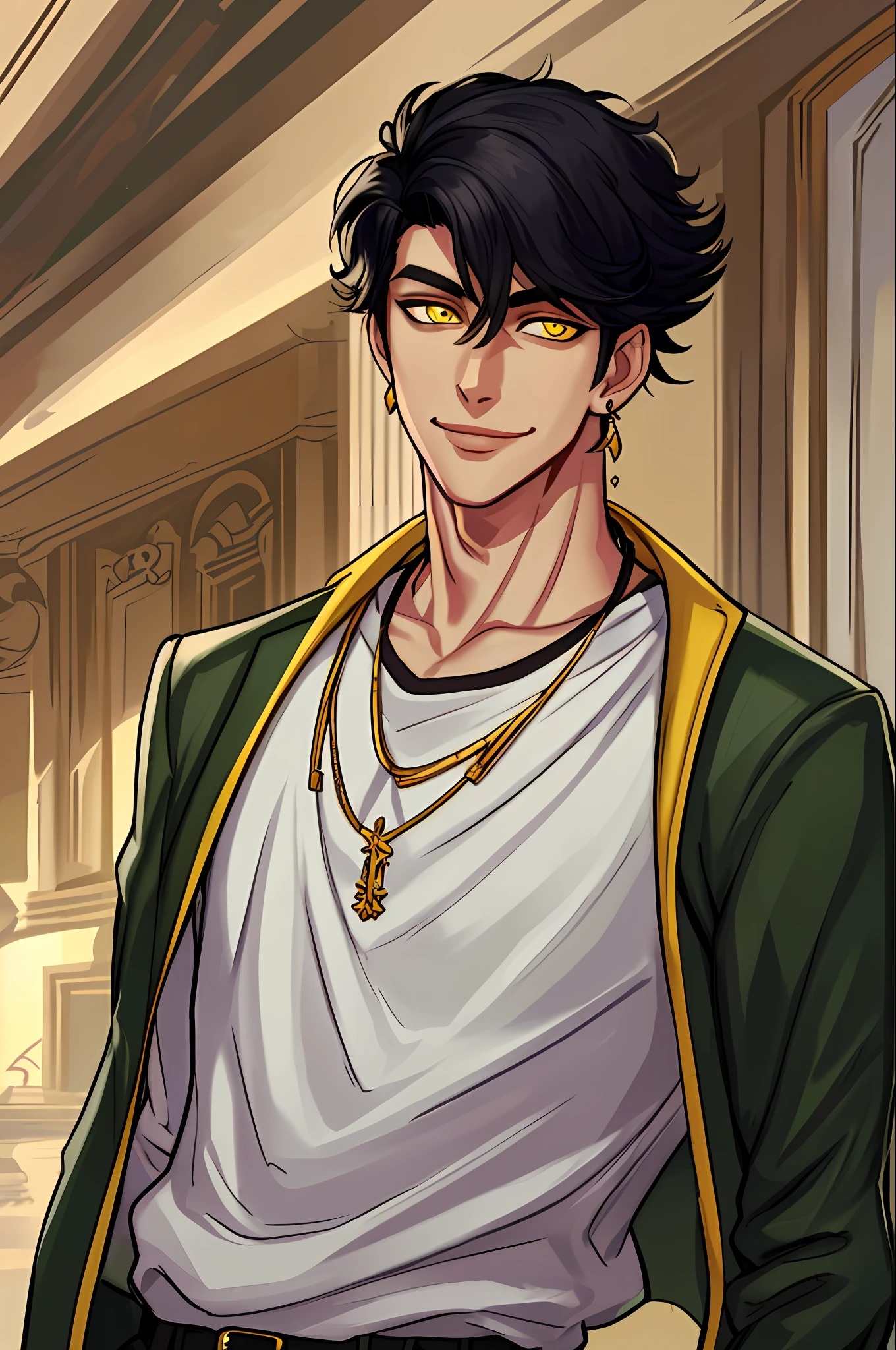 Masterpiece, absurdres, fine detail, HDR,
solo, looking at viewer, smile, shirt, black hair, 1boy, hair between eyes, jewelry, jacket, yellow eyes, upper body, male focus, earrings, necklace, ear piercing, FH