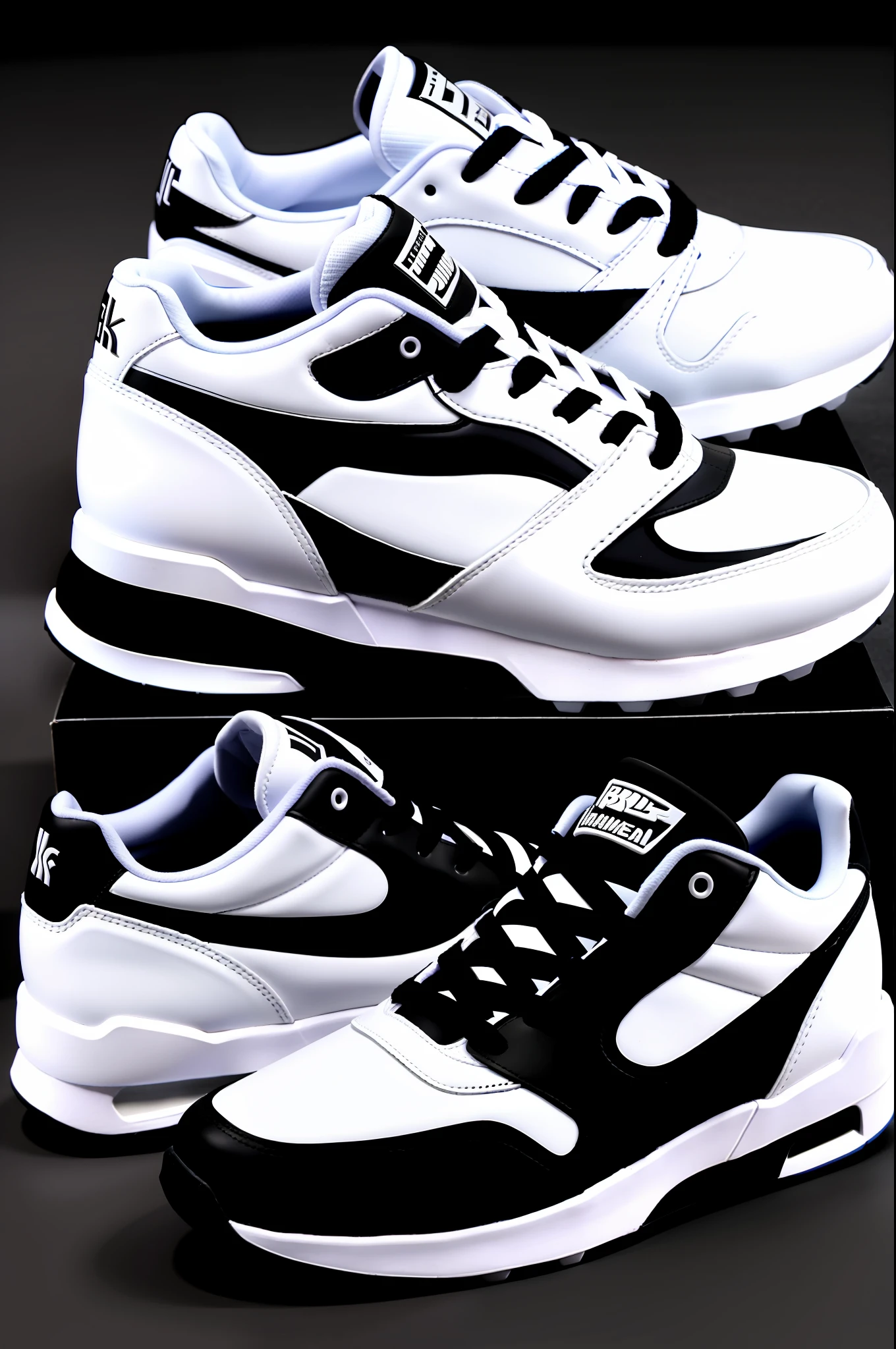 Create a model of black and white sports shoes, with a background of a basketball arena, With the logo of the shape of wings