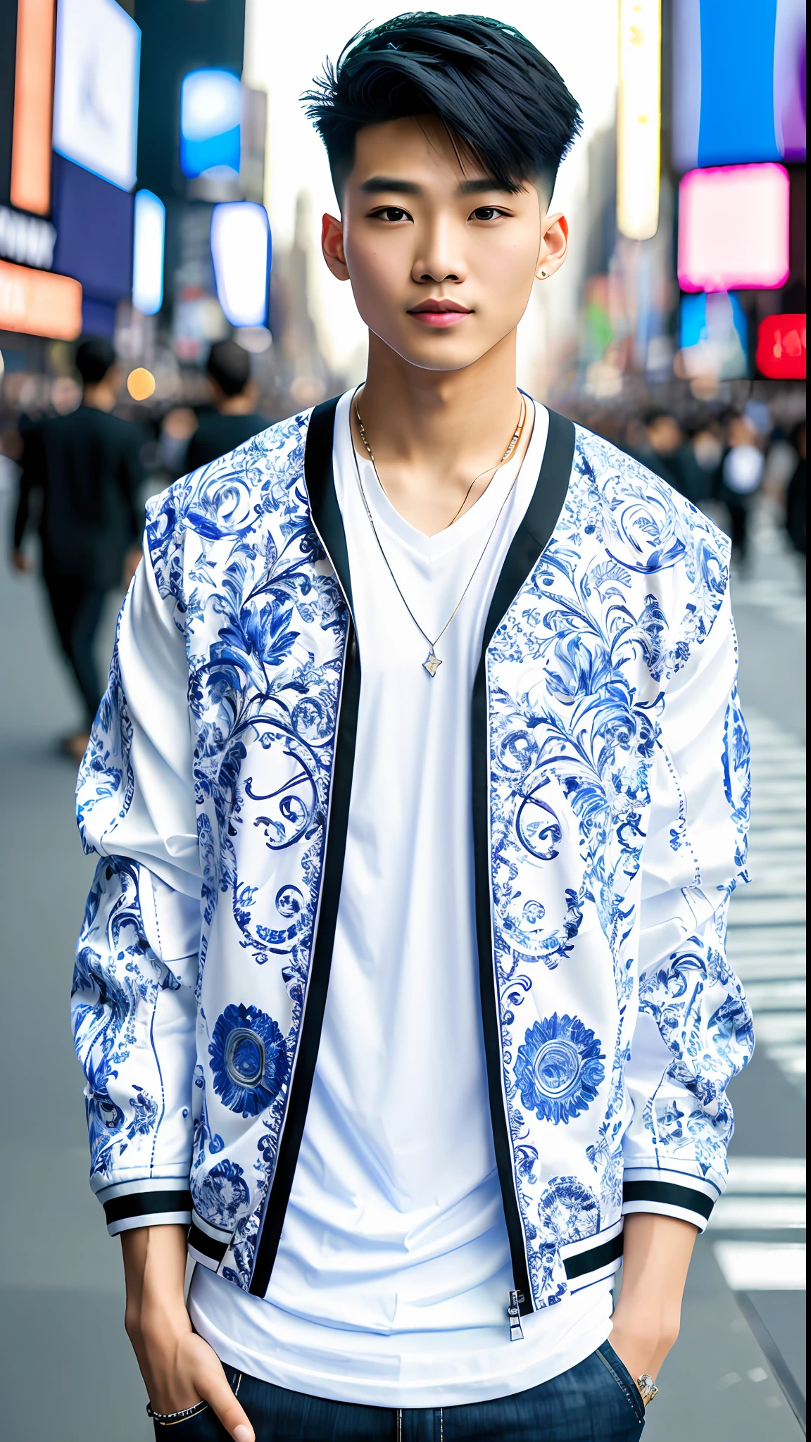 (Best quality, 8k, Masterpiece :1.3)), A pretty Asian Boy with perfect figure :1.4, Layered haircut, , White v neck t-shirt covered by cyber print jacket, Time square, New York, Highly detailed face and skin texture, Detailed eyes, Double eyelid