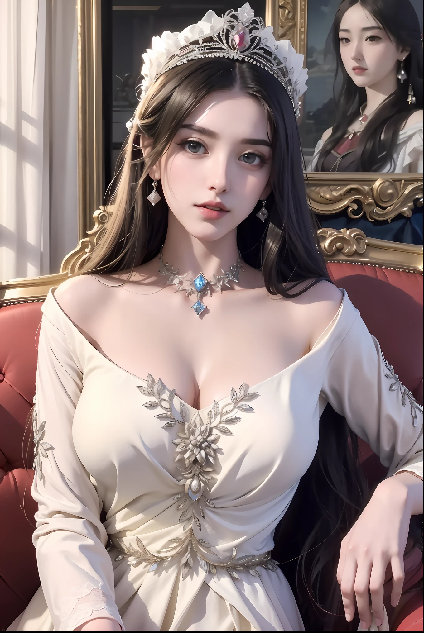 a close up of a woman wearing a tiable sitting on a red couch, a beautiful fantasy empress, ((a beautiful fantasy empress)), royal elegant pose, beautiful and elegant elf queen, gorgeous chinese model, beautiful alluring anime woman, very beautiful elven top model, japanese goddess, beautiful goddess, guweiz masterpiece, guweiz, pale milky white porcelain skin